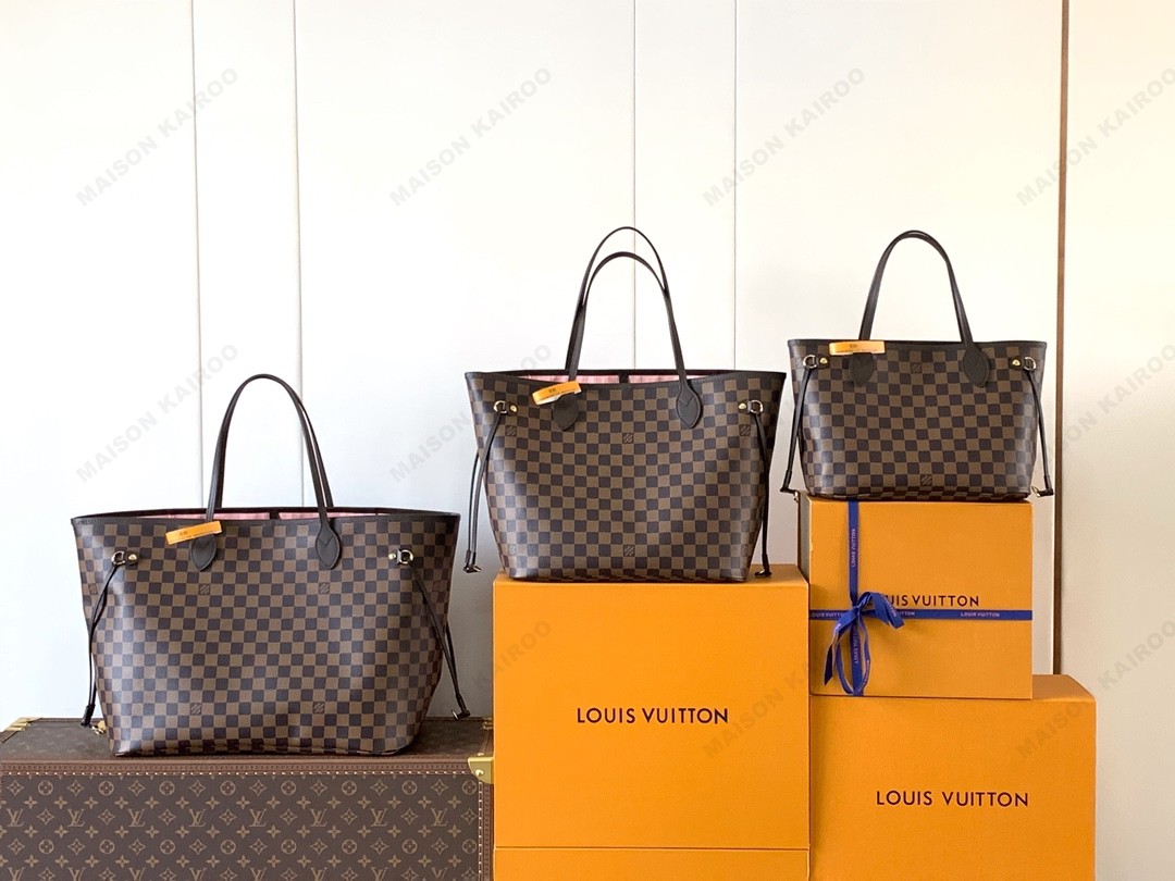 Louis Vuitton LV Neverfull PM/MM/GM Damier Ebene Canvas Red & Pink Lining Tote Top Handle Bag With Pouch - KAIROO