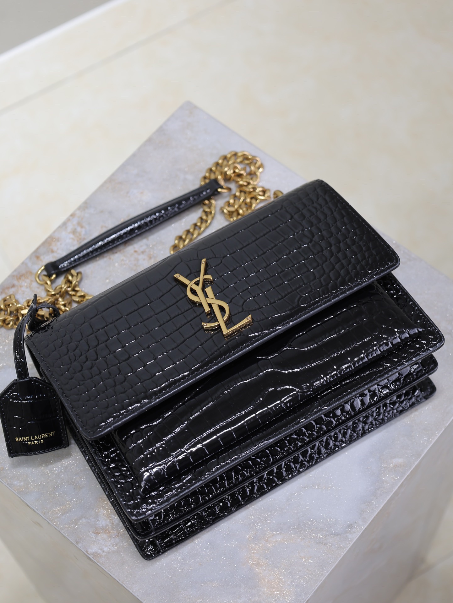 Saint Laurent YSL Black Crocodile Pattern Chain Shoulder Bag