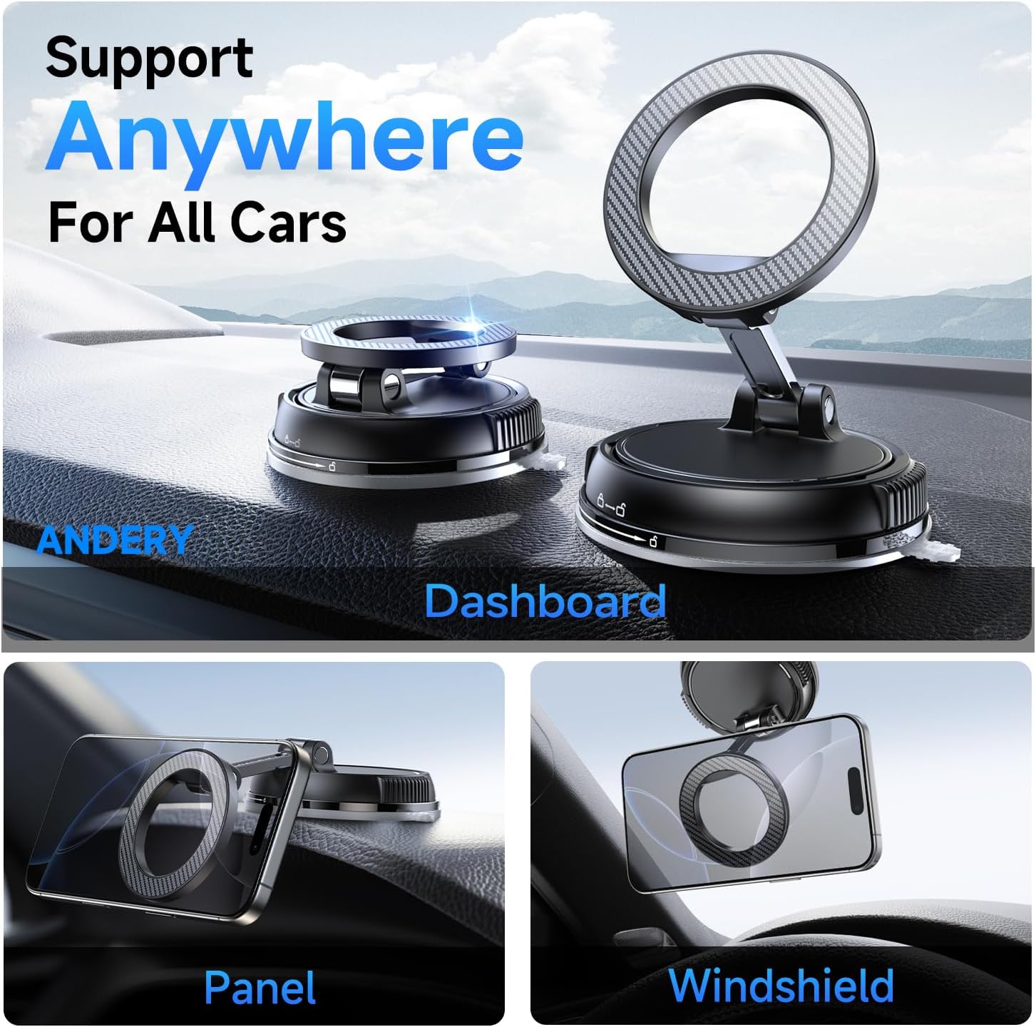 Car Phone Holder for Magsafe [78+LBS Strongest Suction & 2400gf Strongest Magnetic] 360° Adjustable Car Phone Mount, Phone Holders for Your Car for iPhone 17-12 Pro Max Air Plus (Carbon Fiber)