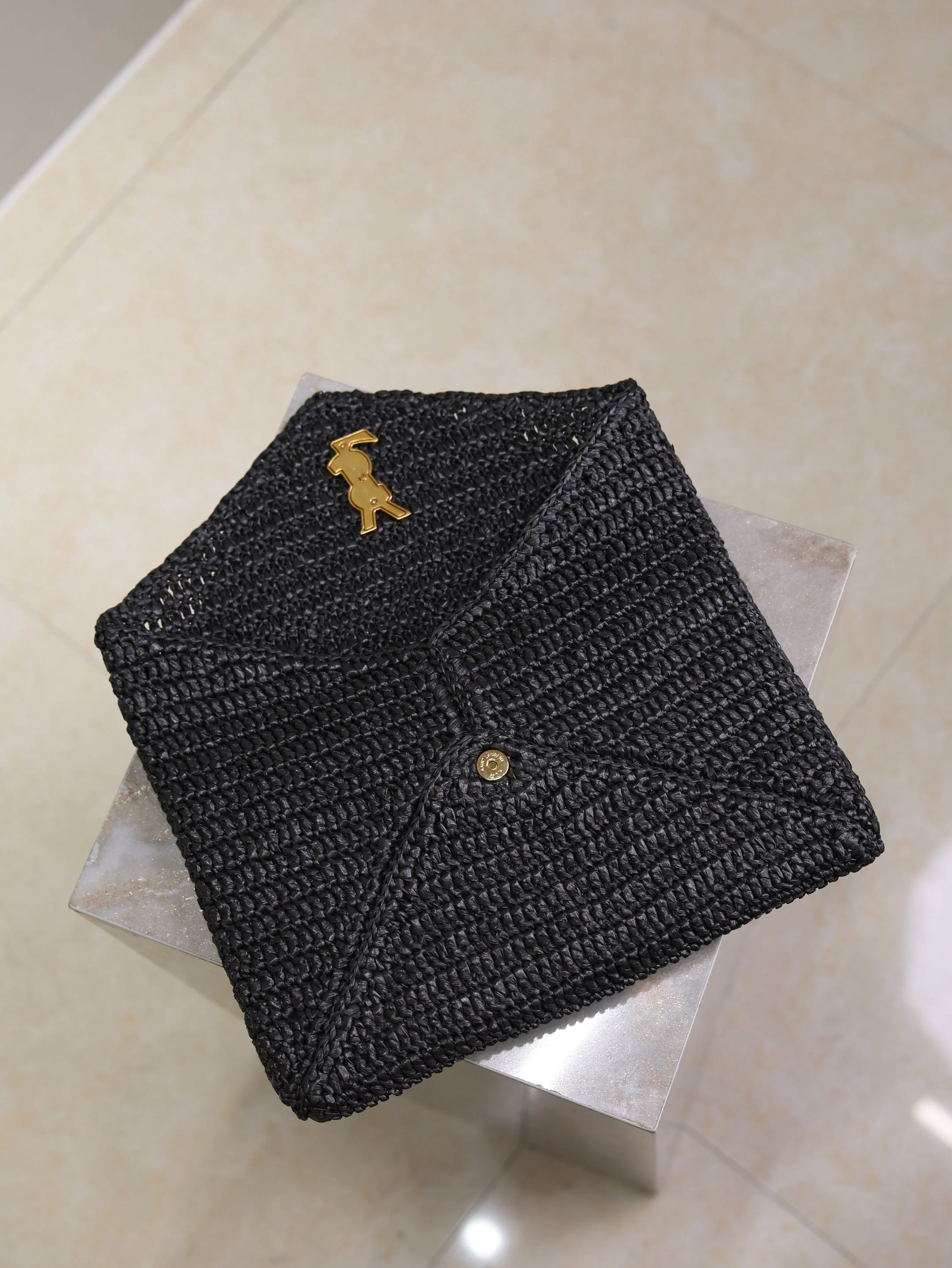 Saint Laurent YSL Envelope Clutch 29cm Black Raffia Leather