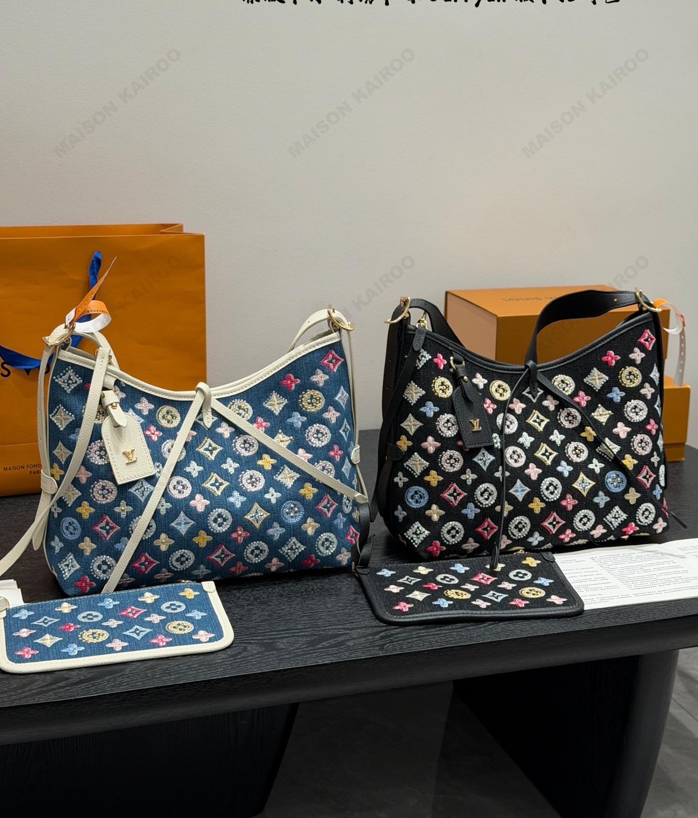 Louis Vuitton LV Carryall PM Colorful Denim Monogram Embroidery Hobo Tote Shoulder Bag With Pouch - KAIROO