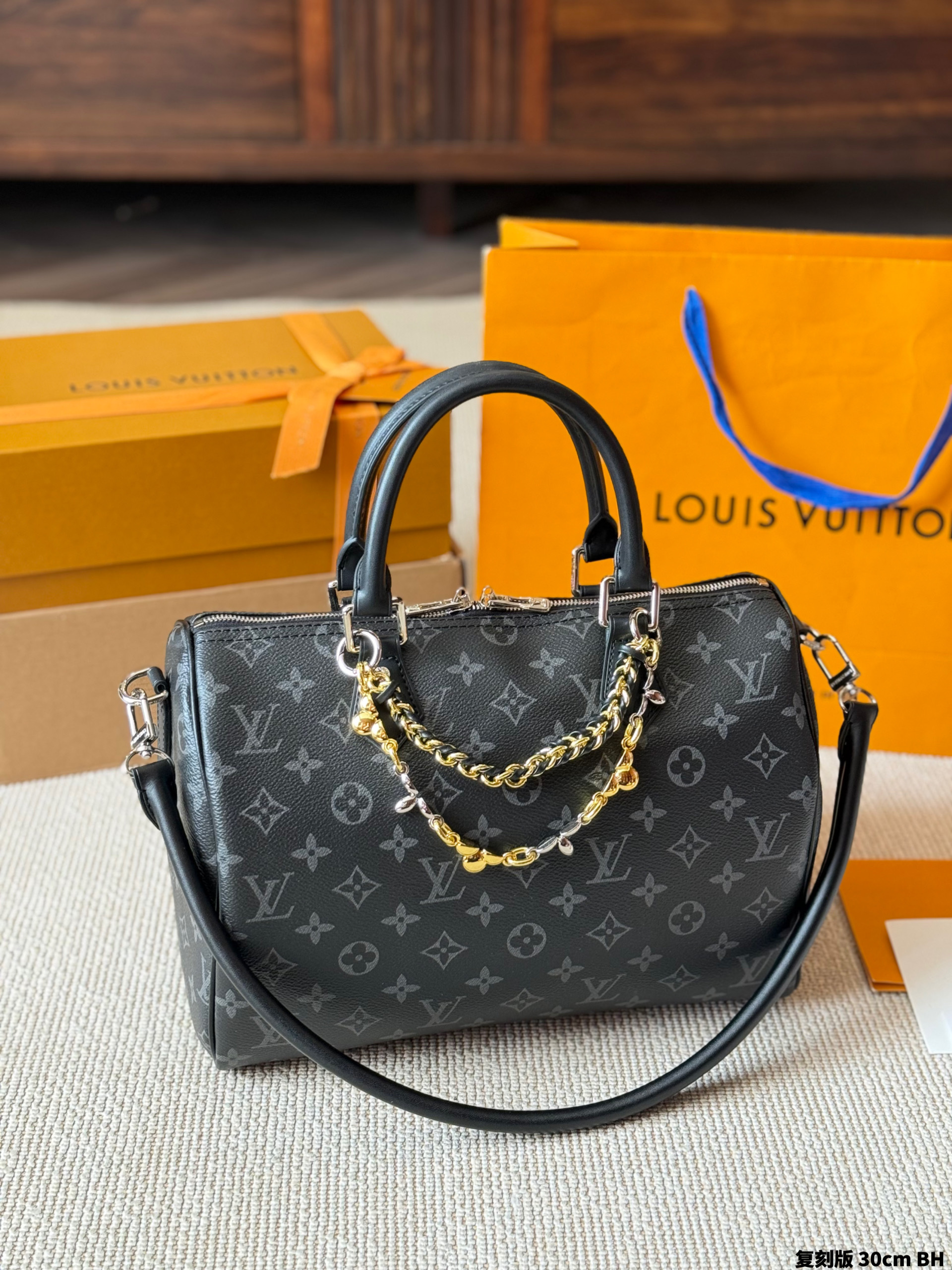 Louis Vuitton Speedy 30 Monogram Eclipse Leather Two Tone Layered Chains Boston Top Handle Bag - KAIROO