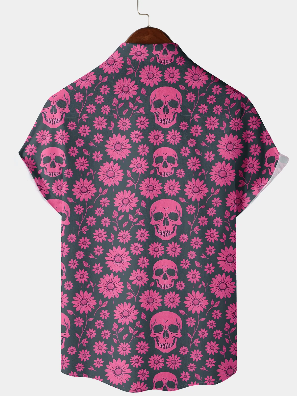 Men's Pink Skull Daisy Print Vacation Button-Up Summer Short Sleeve Shirt
