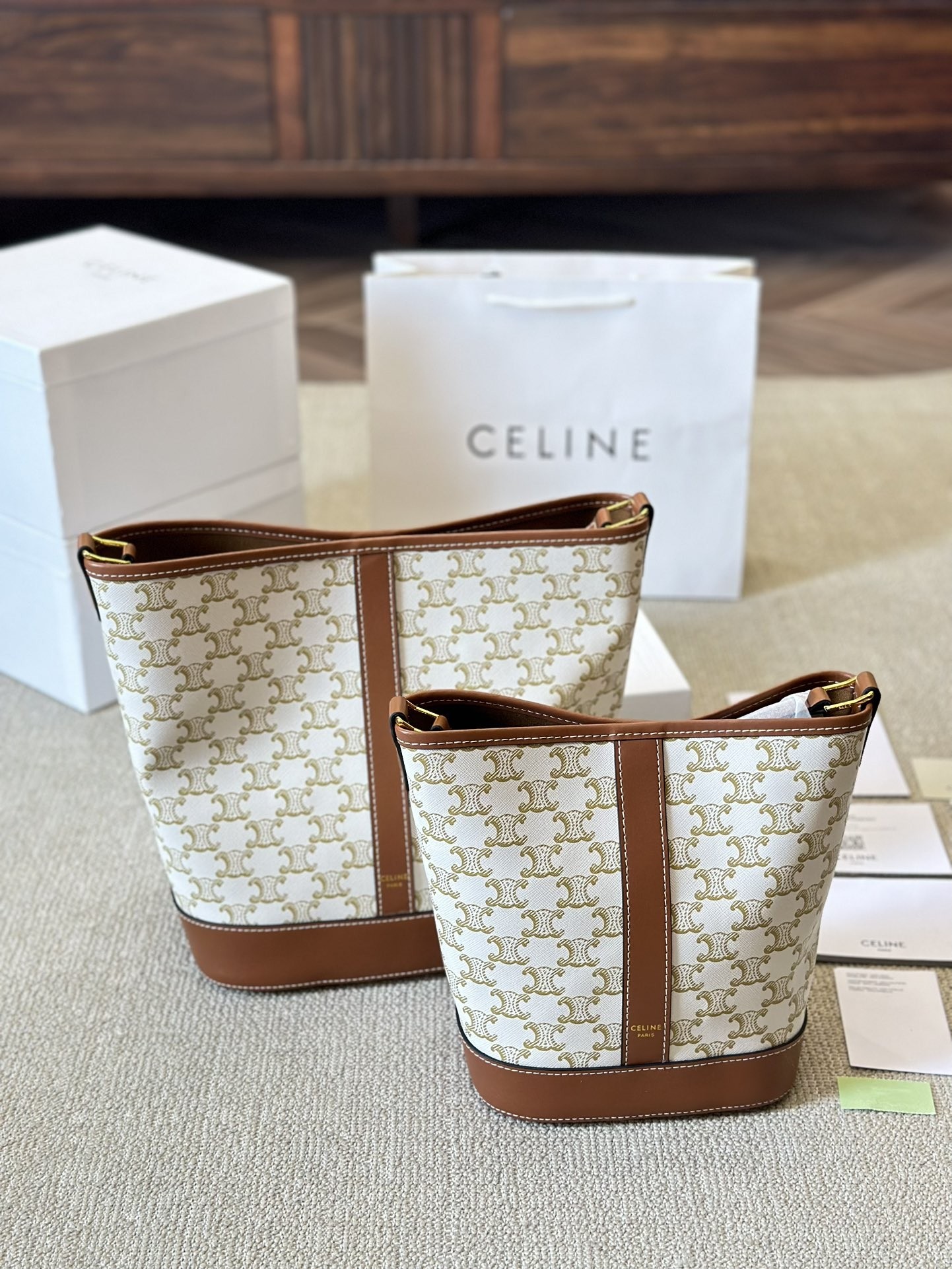Celine White& Tan Triomphe Monogram Canvas Leather Bottom Shoulder Bucket Tote Bag - KAIROO