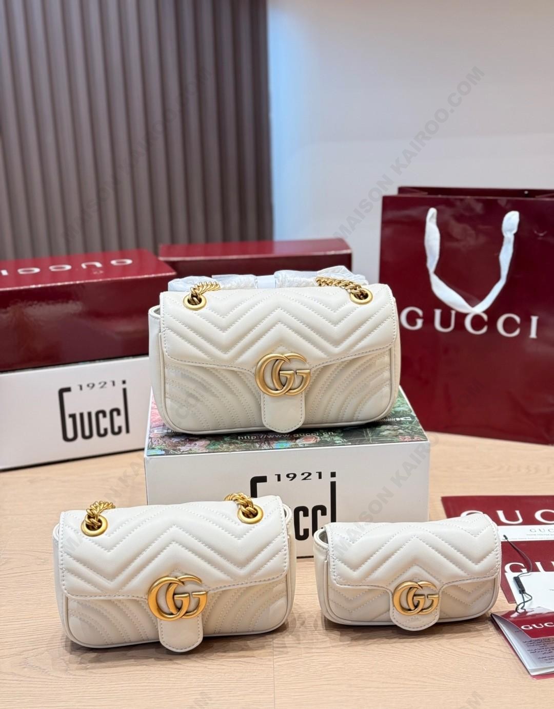 Gucci GG Marmont Matelasse Quilt Stitch XXS/XS/S Off White Chevron Leather Flap Chain Shoulder Bag - KAIROO