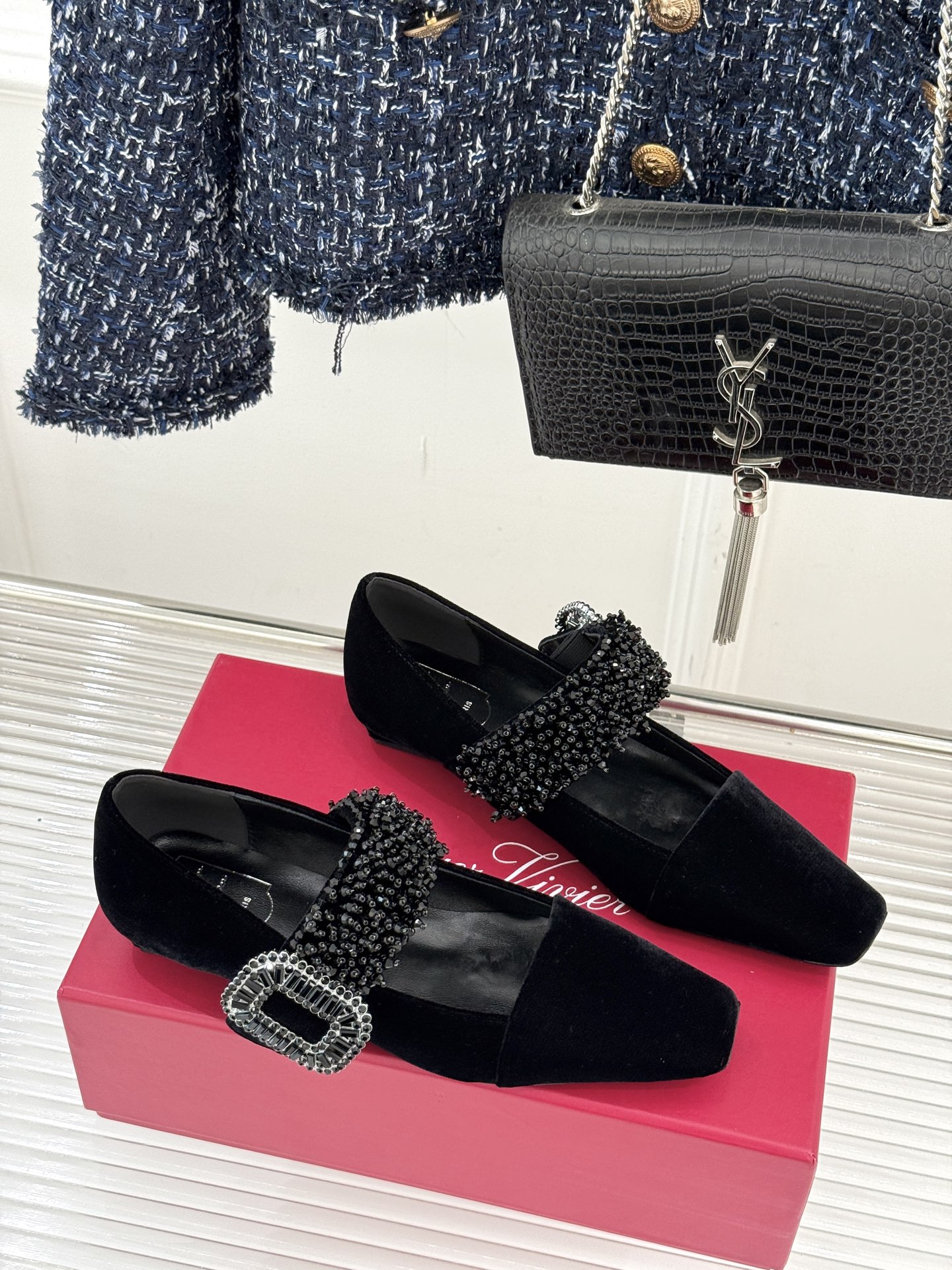 Roger Vivier Rhinestone Velvet Mary Jane ballerinas