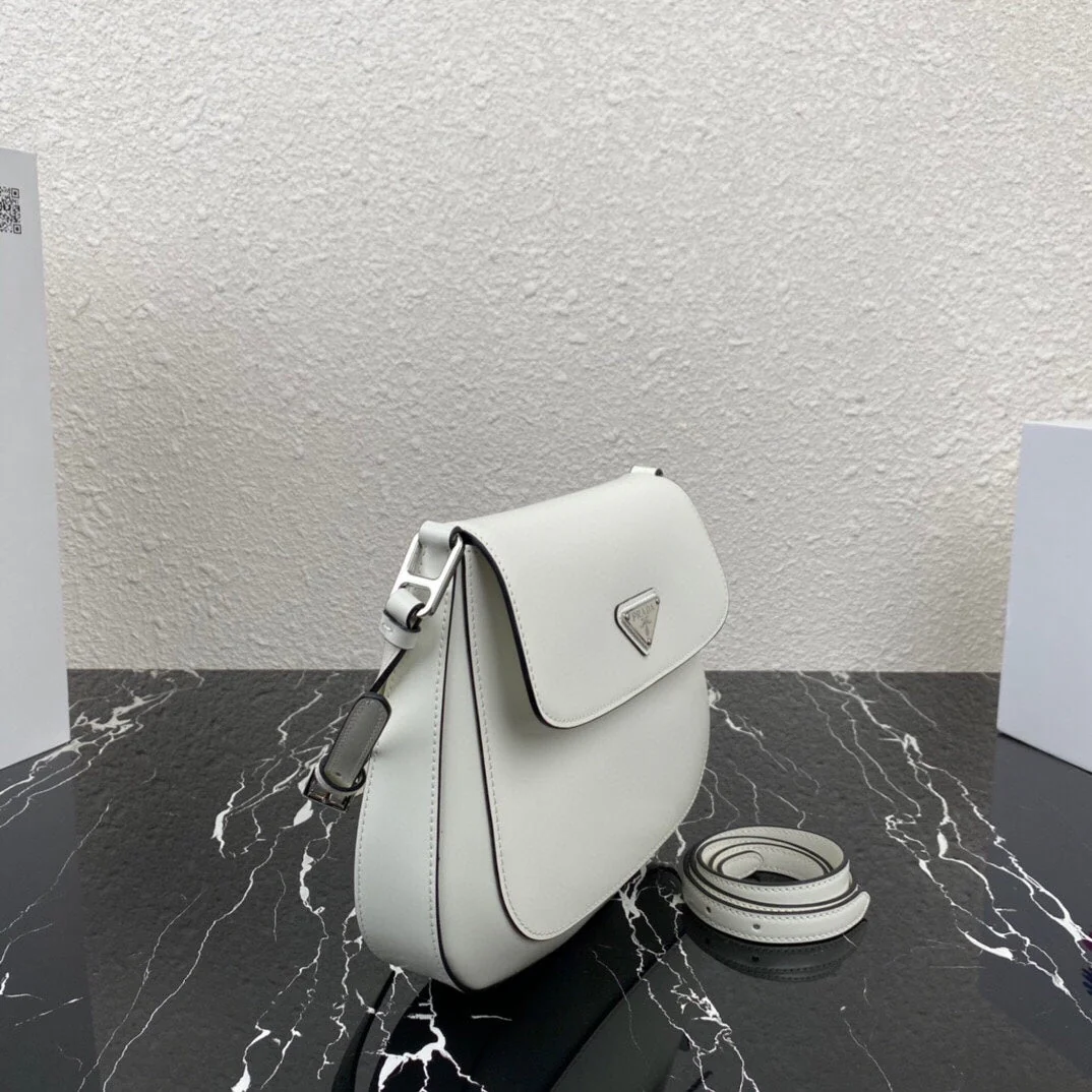 Prada CLEO 24 WHITE BLACK BRUSHED LEATHER SHOULDER BAG