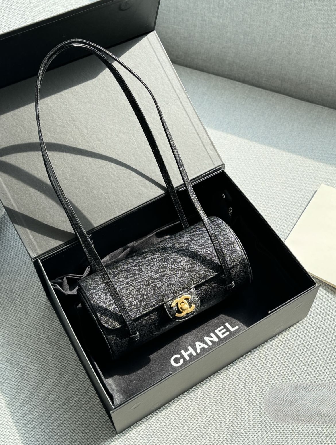 Chanel Classic Black Caviar Leather Cylinder Bag with CC Logo Chain Pumps Set - KAIROO