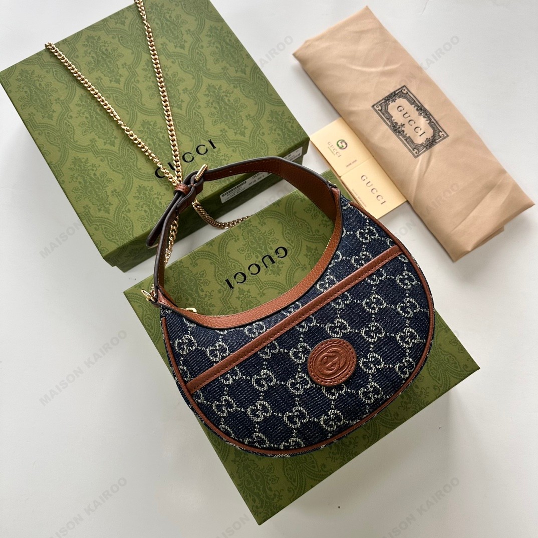 Gucci Ophidia Blue GG Jacquard Denim Half Moon Hobo Bag Chain Strap Mini Shoulder Bag - KAIROO