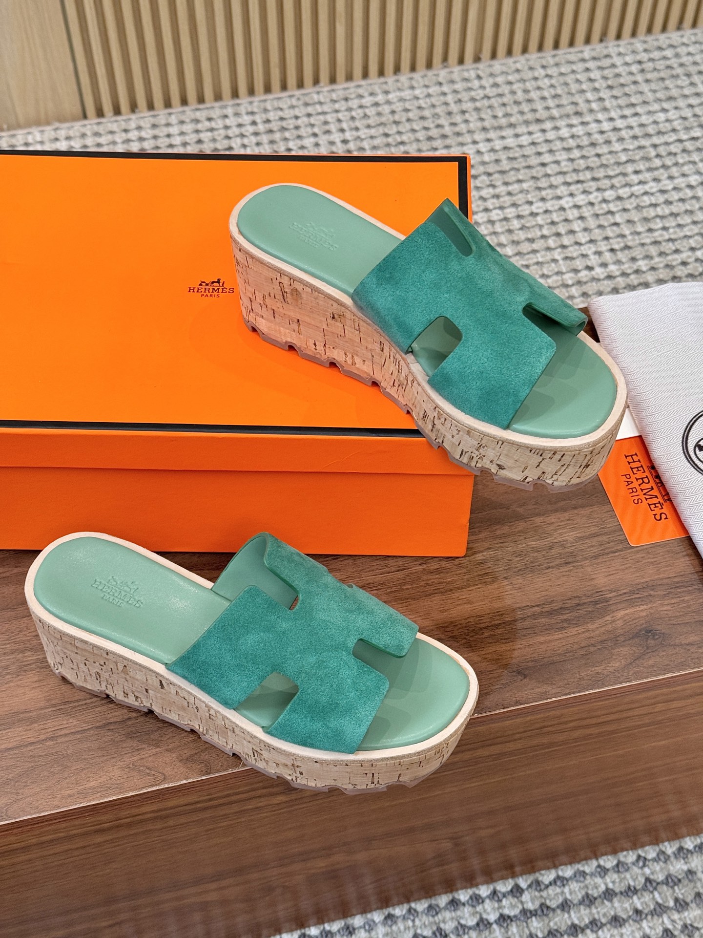 Hermes Green Suede Leather H-Cutout Cork Sole Slide Sandal - KAIROO