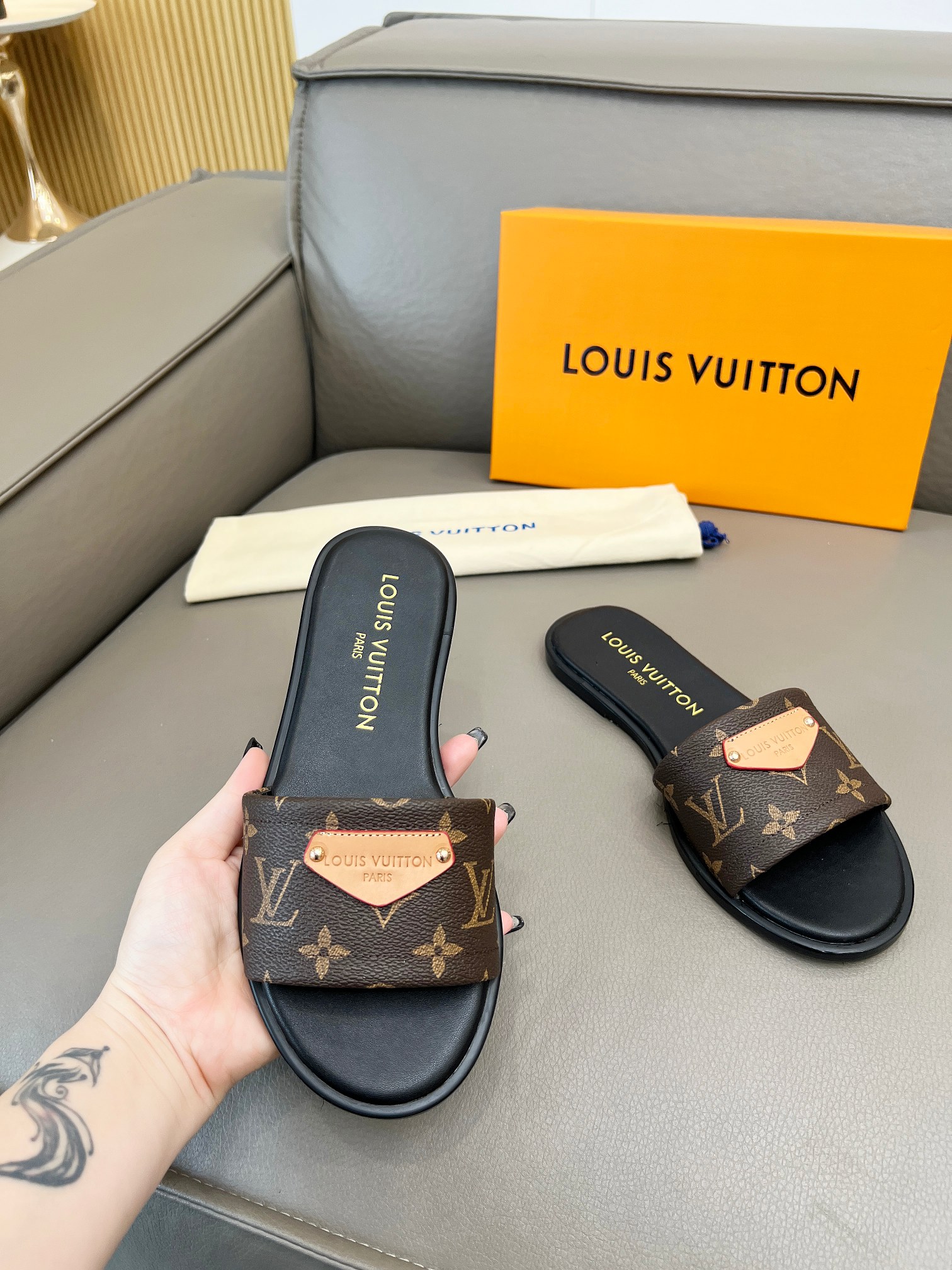 Louis Vuitton Monogram Denim & Coated Canvas Gold Logo Leather Plate Flat Slides Sandals - KAIROO
