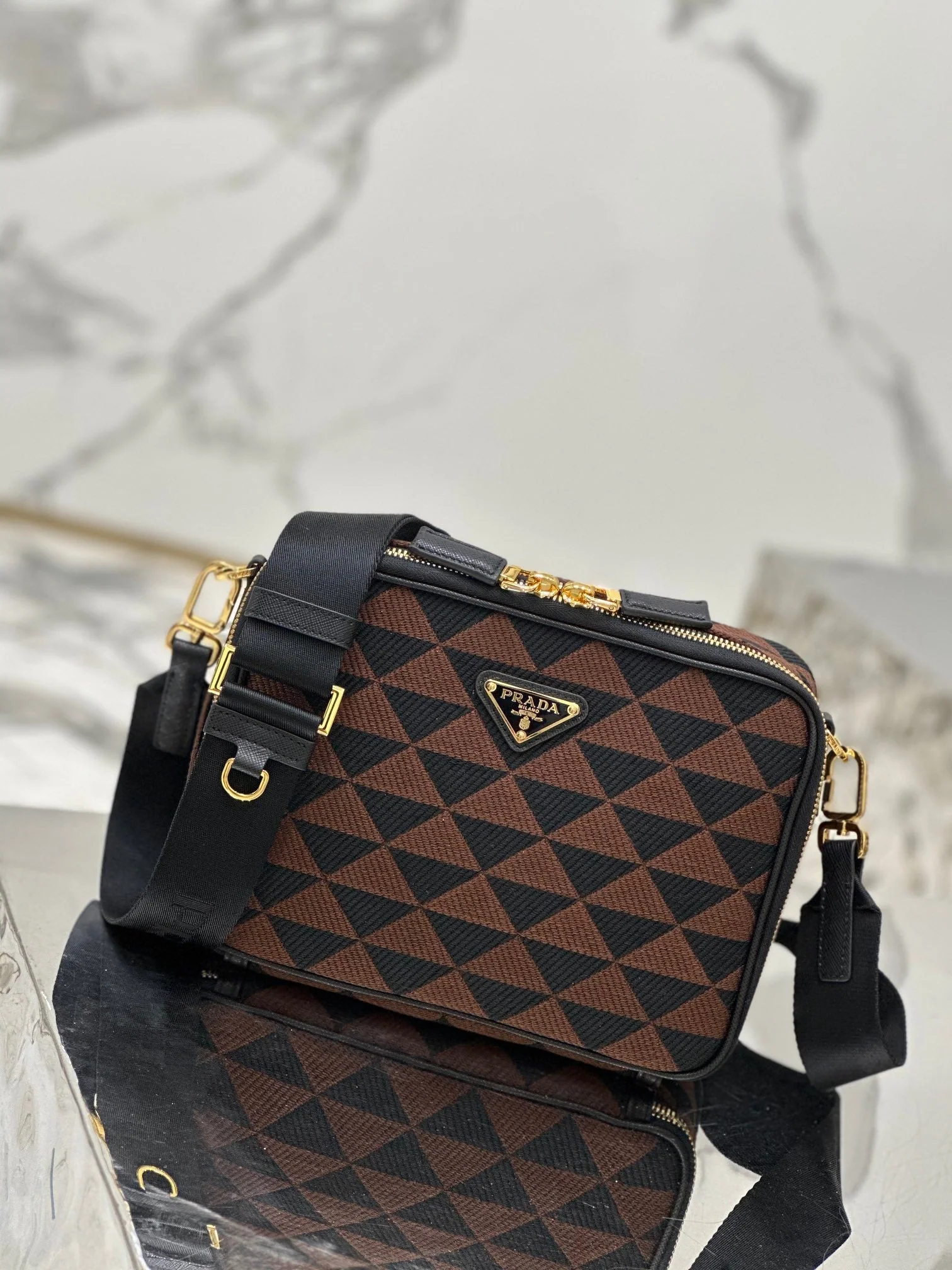 Prada MESSENGER BAG 22 IN BLACK AND BROWN EMBROIDERED FABRIC GOLD HARDWARE