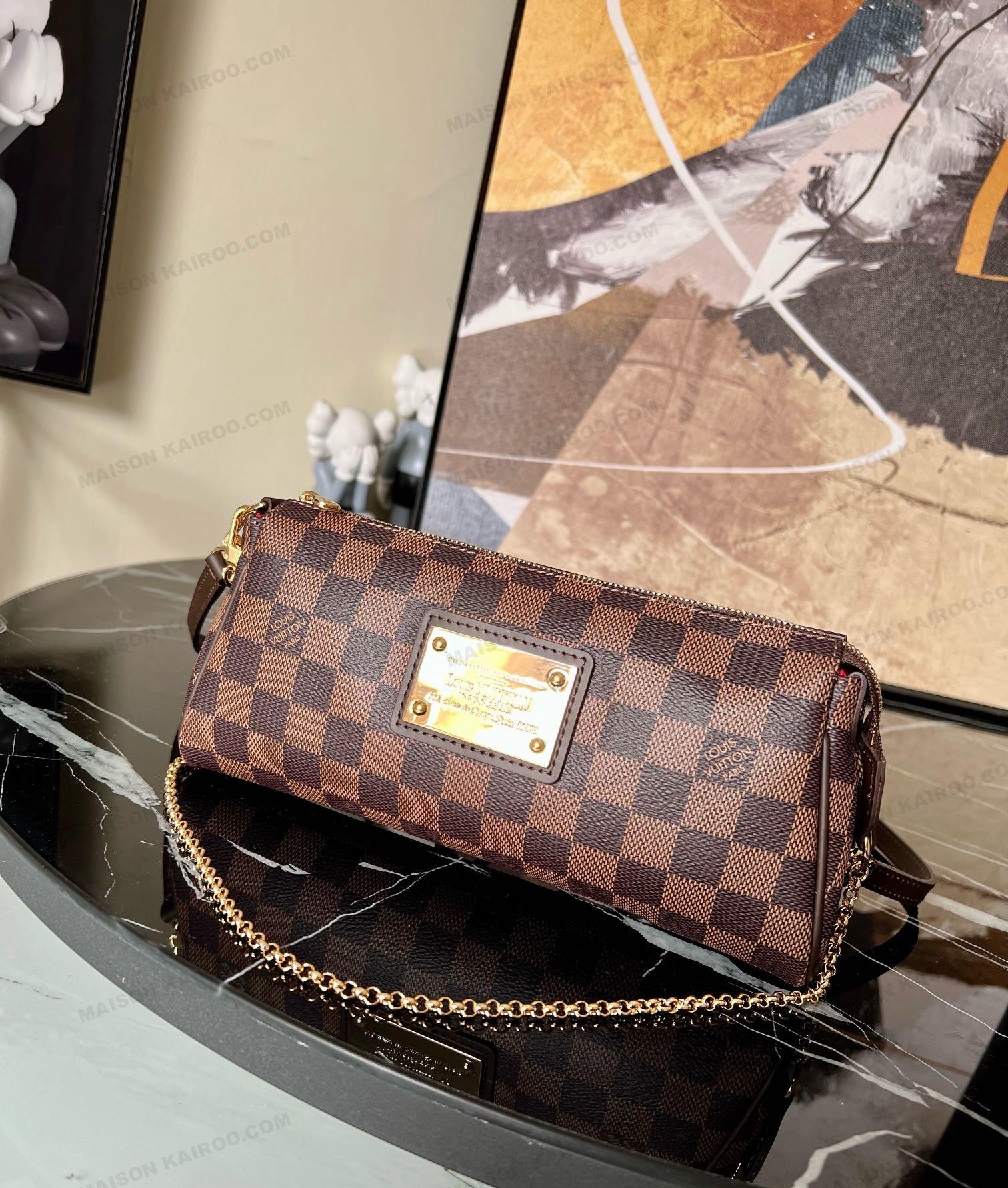 Louis Vuitton LV Pochette Eva Damier Ebene Canvas Gold Plate Horizontal Baguette Hobo Shoulder Bag - KAIROO