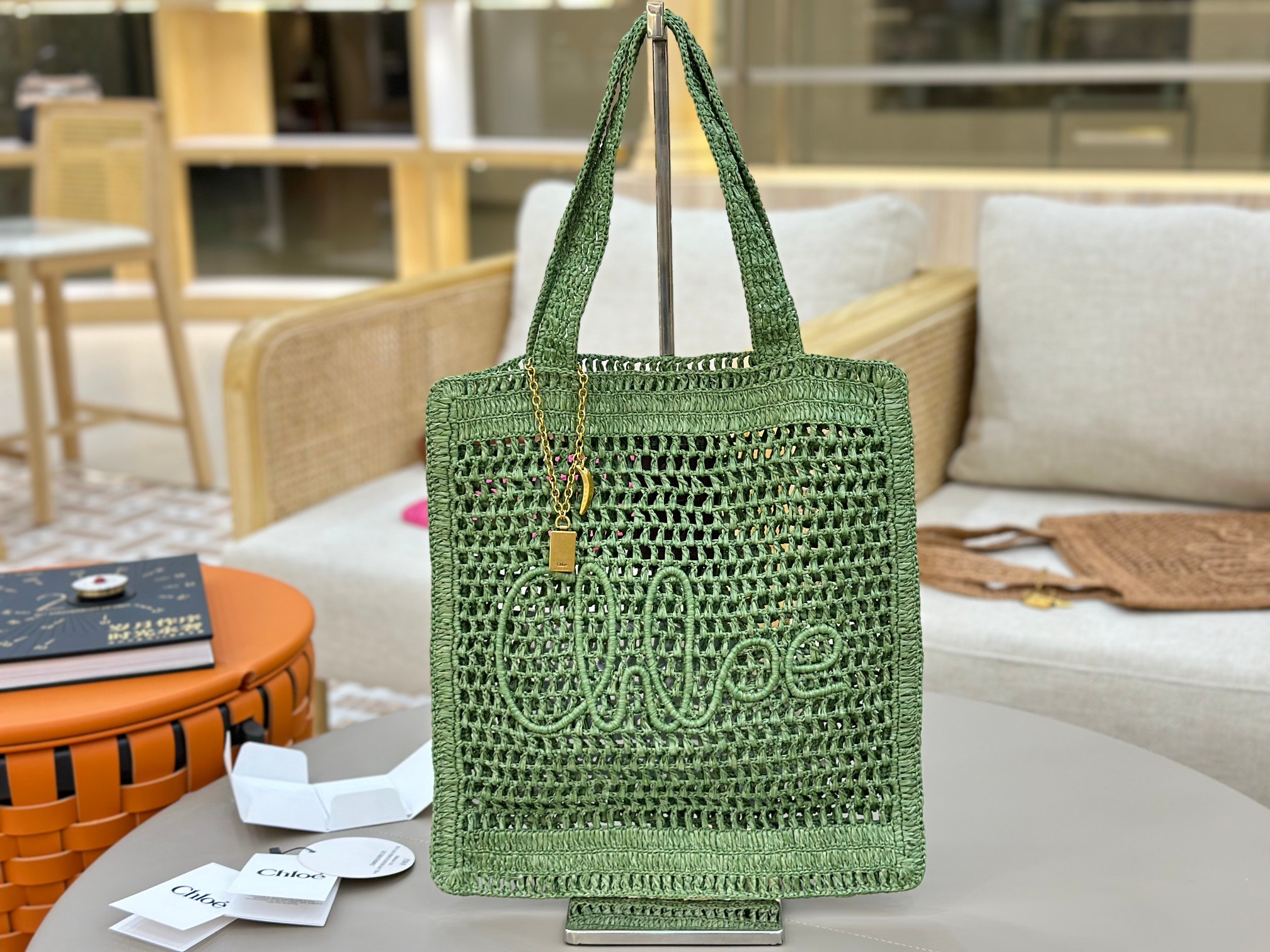Chloe Summer Banana Tote Bag in Raffia-Green