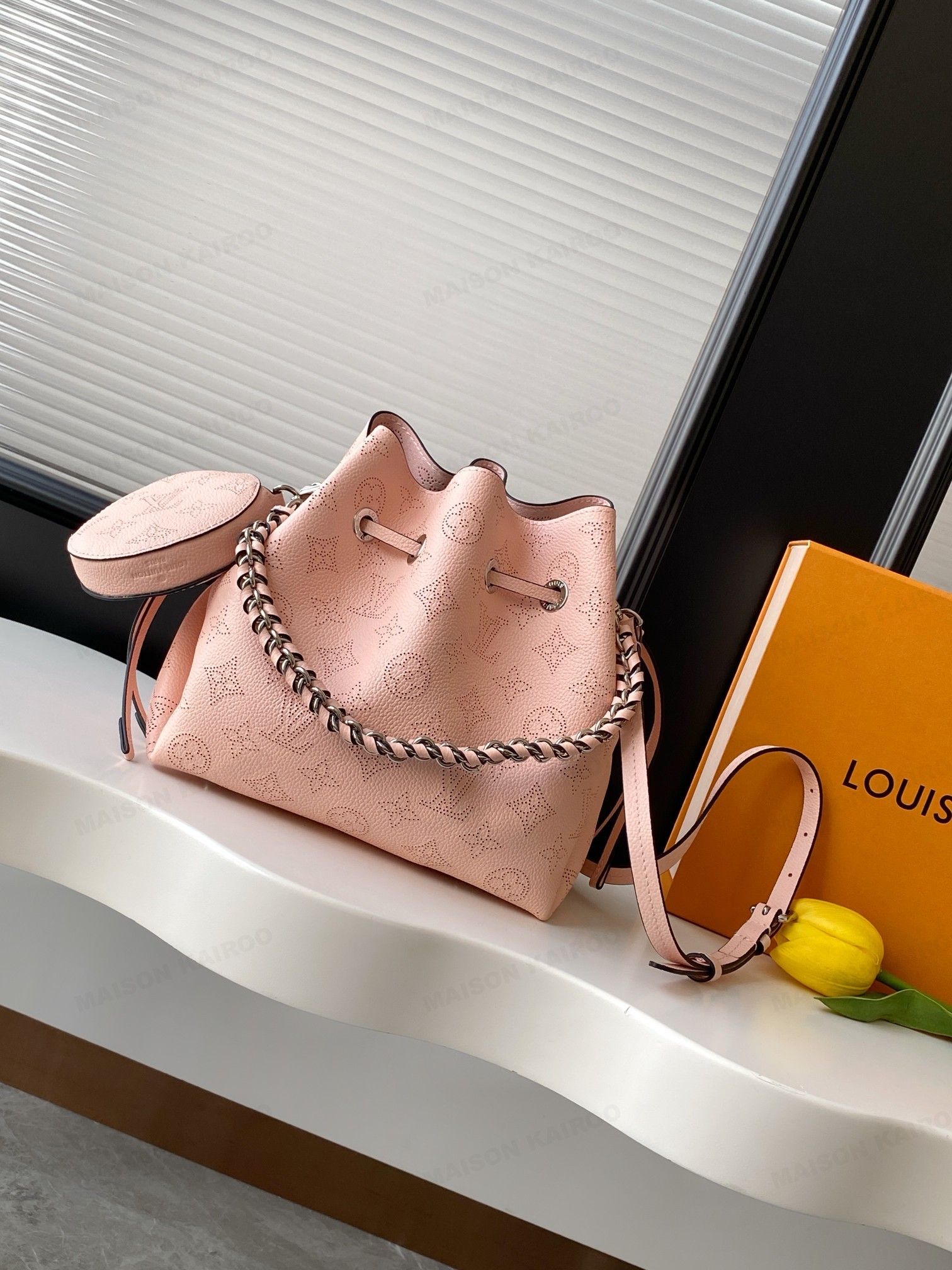 【10A】Louis Vuitton LV Mahina Bella Light Pink Perforated Monogram Leather Drawstring Bucket Shoulder Bag - KAIROO