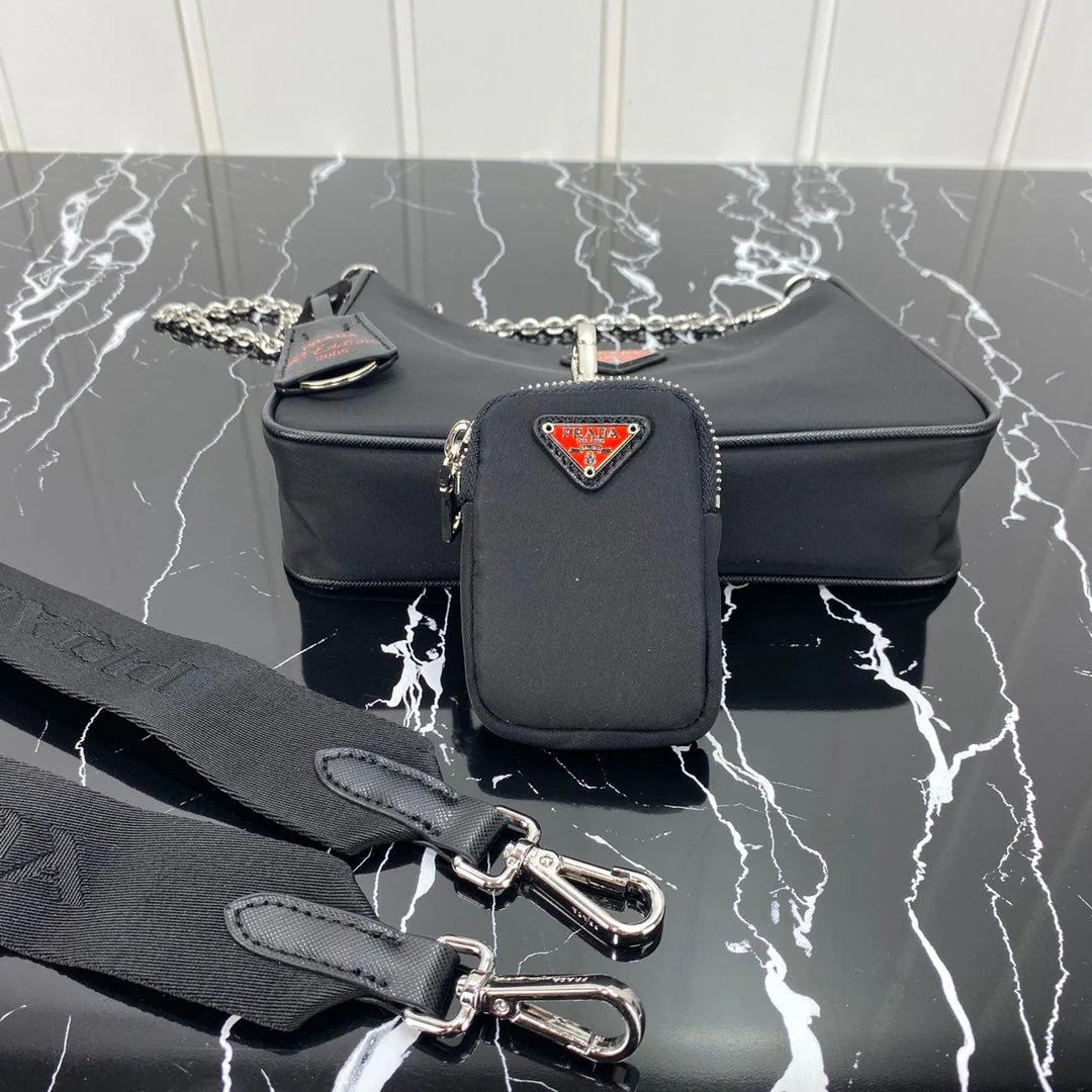 Prada HOBO 22 BAG IN BLACK RE-NYLON WITH RED LOGO