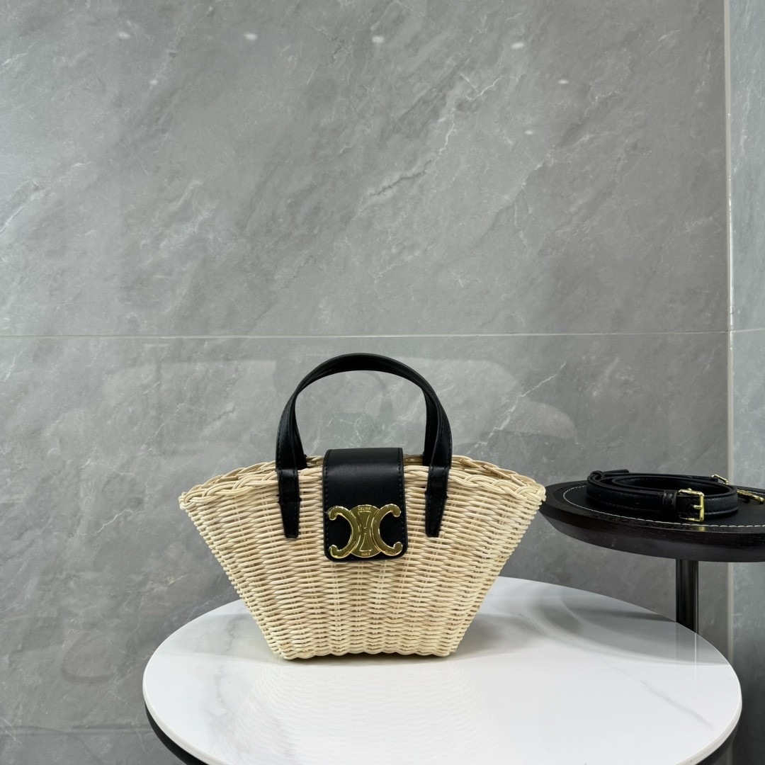 Celine Mini Triomphe Palm Leaf Gold Triomphe Metallic Closure Straw Basket Bag - KAIROO