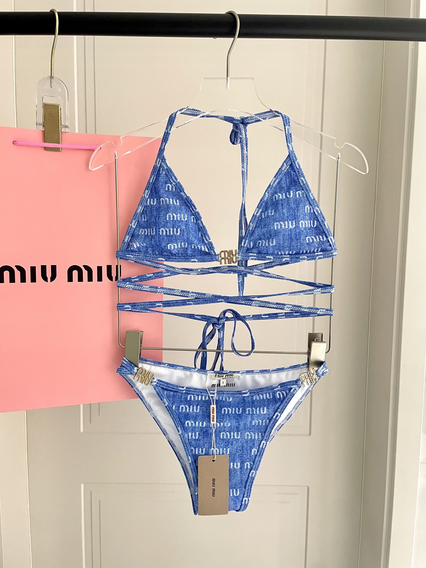Miu Miu Denim Blue Effect Monogram Print Metal Logo Triangle Bikini Two-Piece Swimsuit - KAIROO