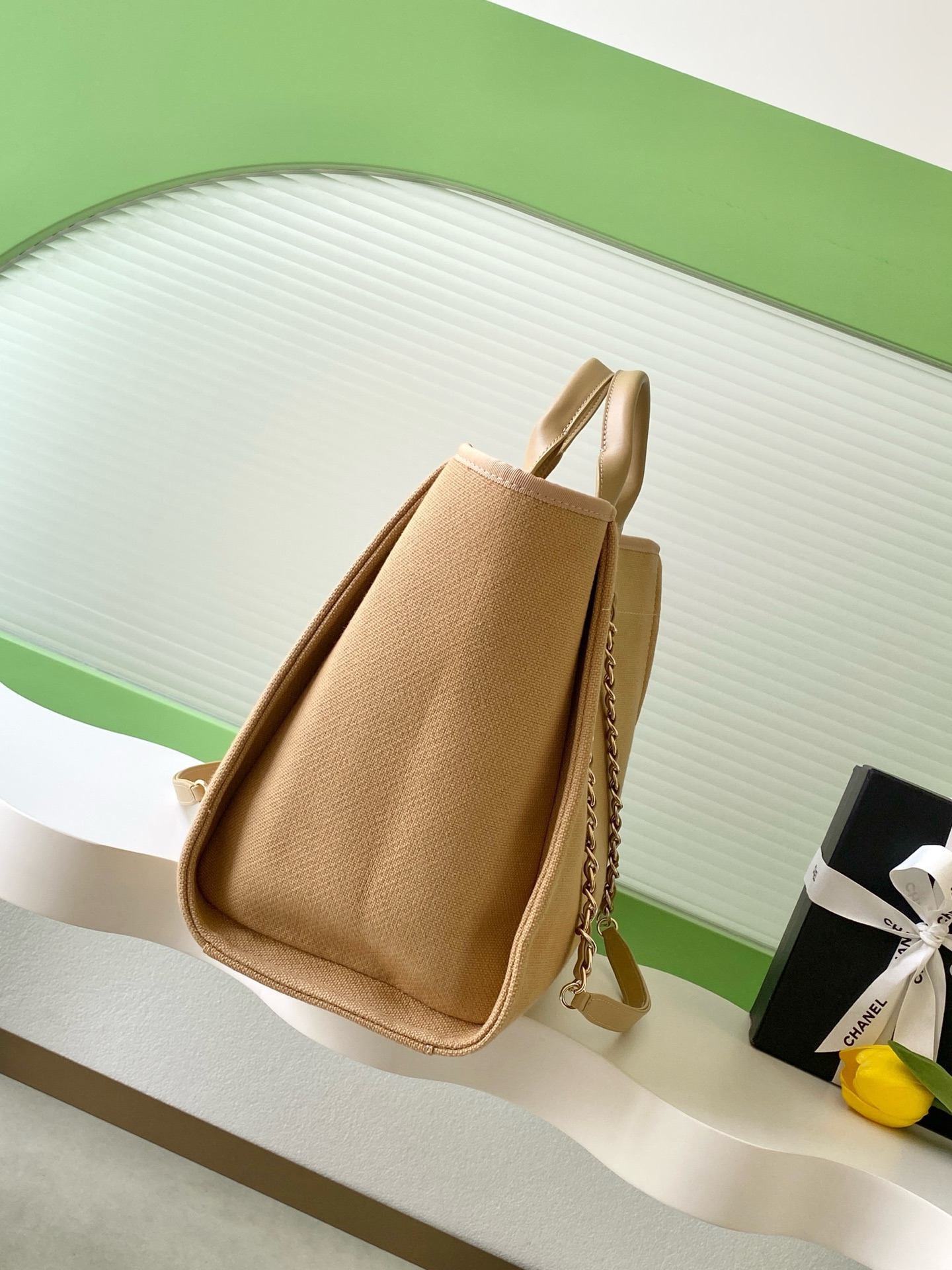Chanel Large Tote Bag in Beige Canvas & Gold-Tone Metal