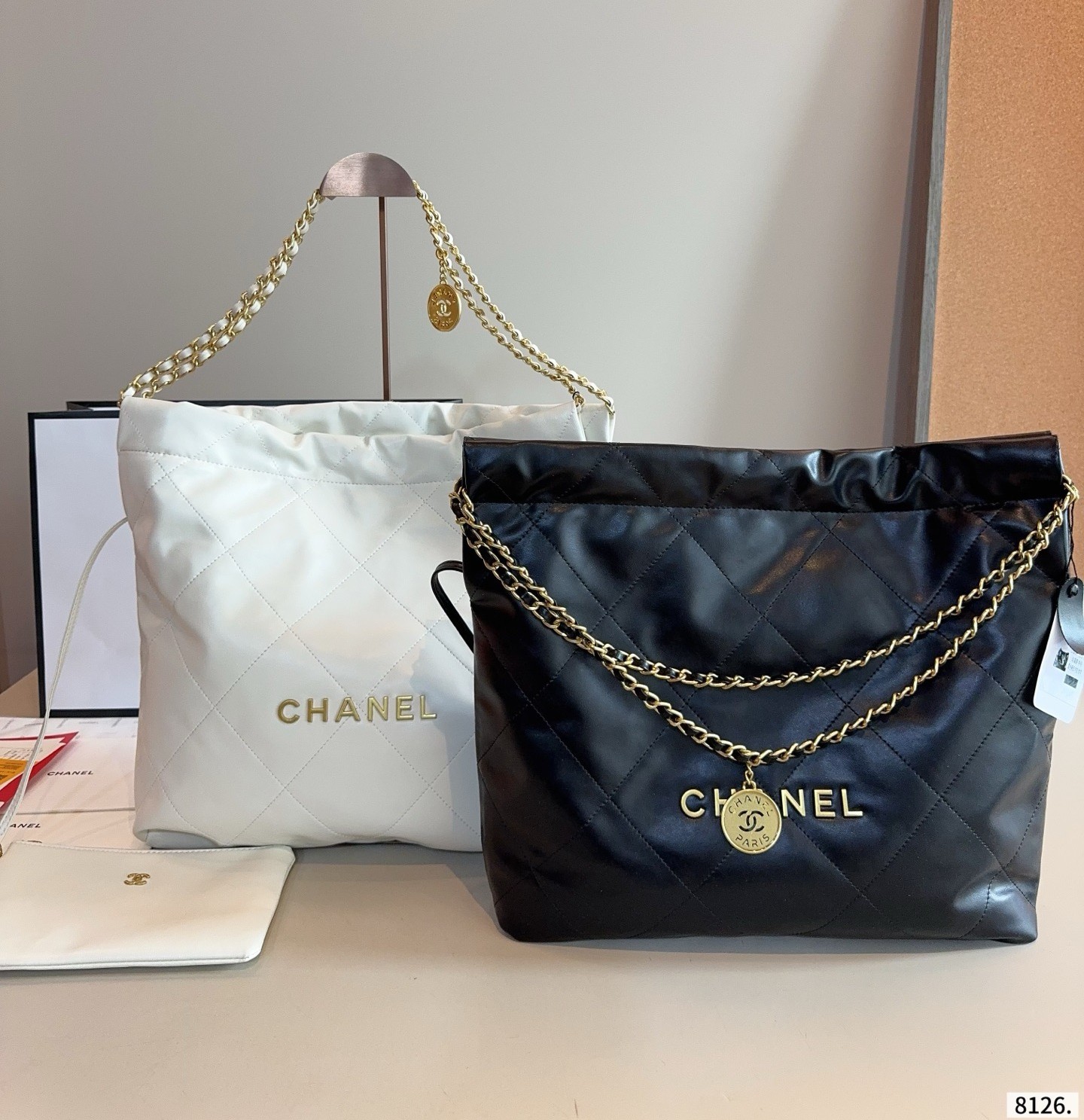 Chanel 22 Large Quilted Leather Logo Charm Drawstring Trash Bucket Hobo Shoulder Bag With Pouch - KAIROO