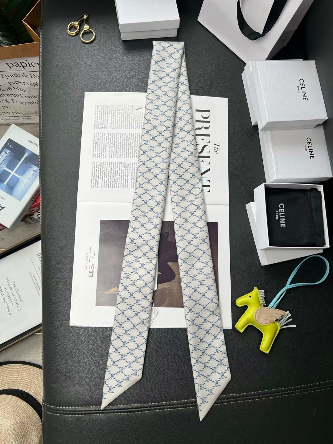 Celine Blue Monogram Triomphe All Over Print Silk Twill Skinny Scarf - KAIROO