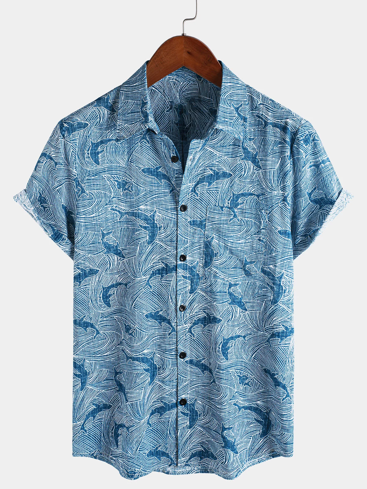 Men's Ocean Shark Print Hawaiian Summer Short Sleeve Shirt