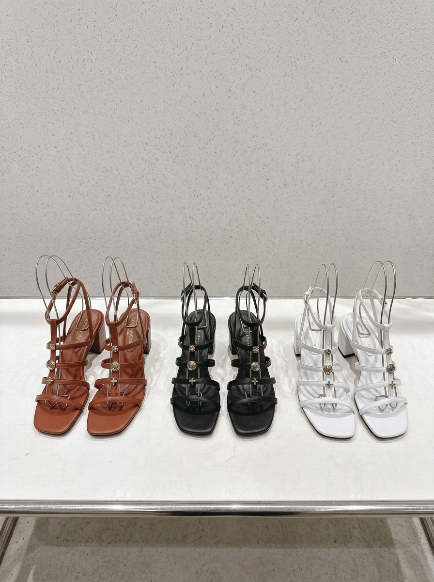 Louis Vuitton LV Monogram Rivet Multi Strap Ankle Buckle Leather Square Open Toe Block Heels Sandals - KAIROO
