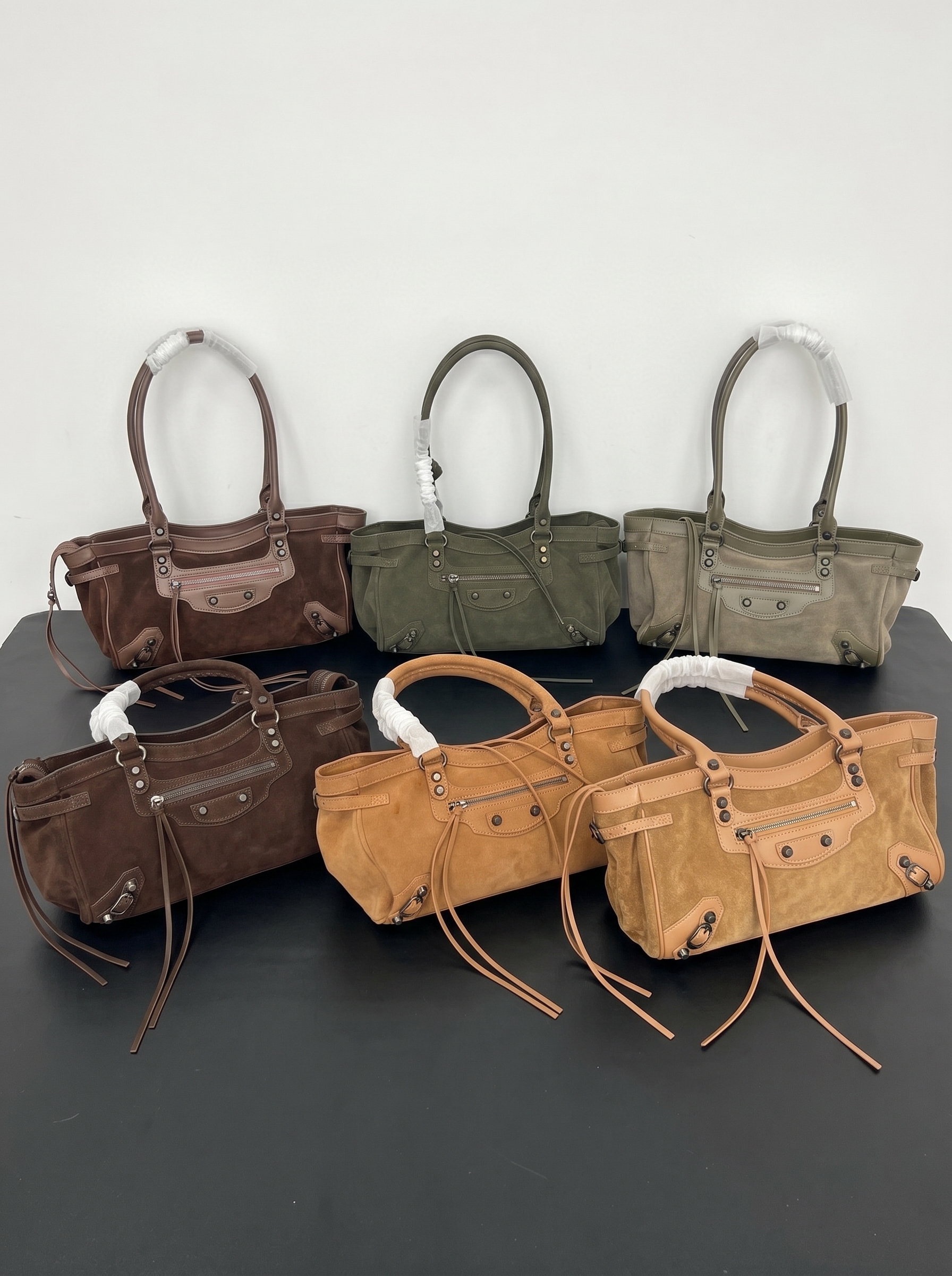 Balenciaga Le City Large Horizontal Suede & Leather Studded Long Handle Tote City Bag - KAIROO