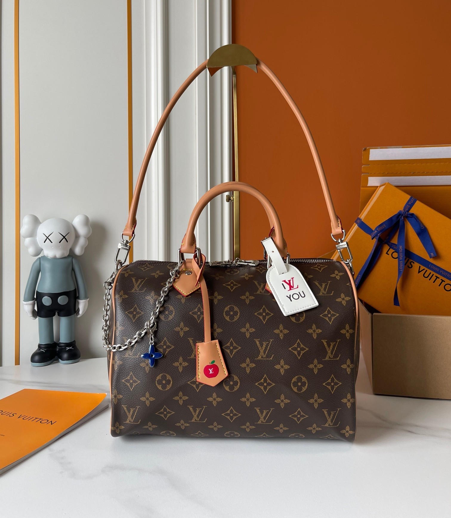 Louis Vuitton LV Speedy 30 Monogram Canvas Leather Apple Tag Flower Charm Chain Boston Top Handle Bag - KAIROO