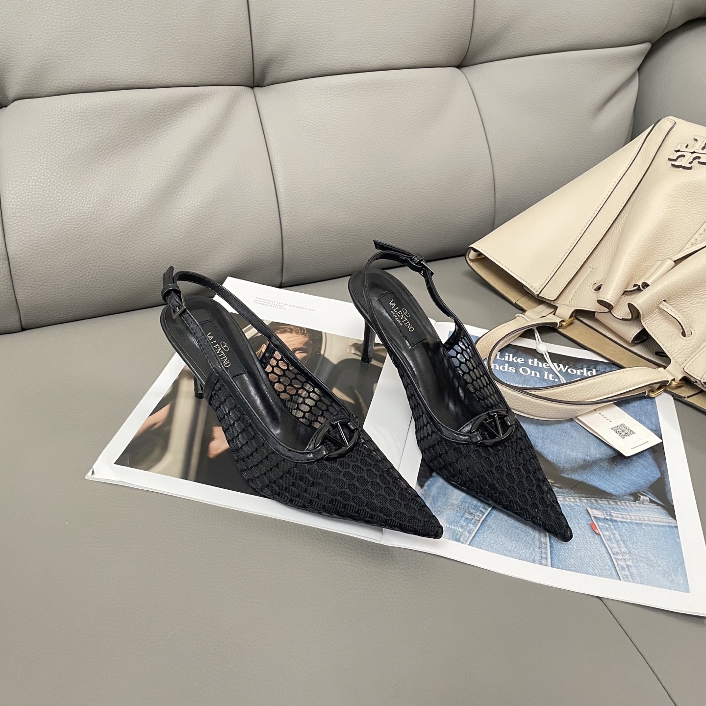 Valentino Nero Black Pointed Toe Fishnet Mesh Tonal VLogo Leather Trim Slingback Pumps Heels - KAIROO