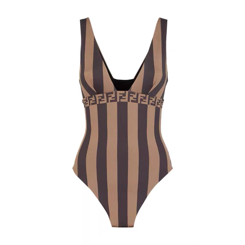 Fendi Striped Print FF Monogram Waistband Deep V One-Piece Swimsuit - KAIROO