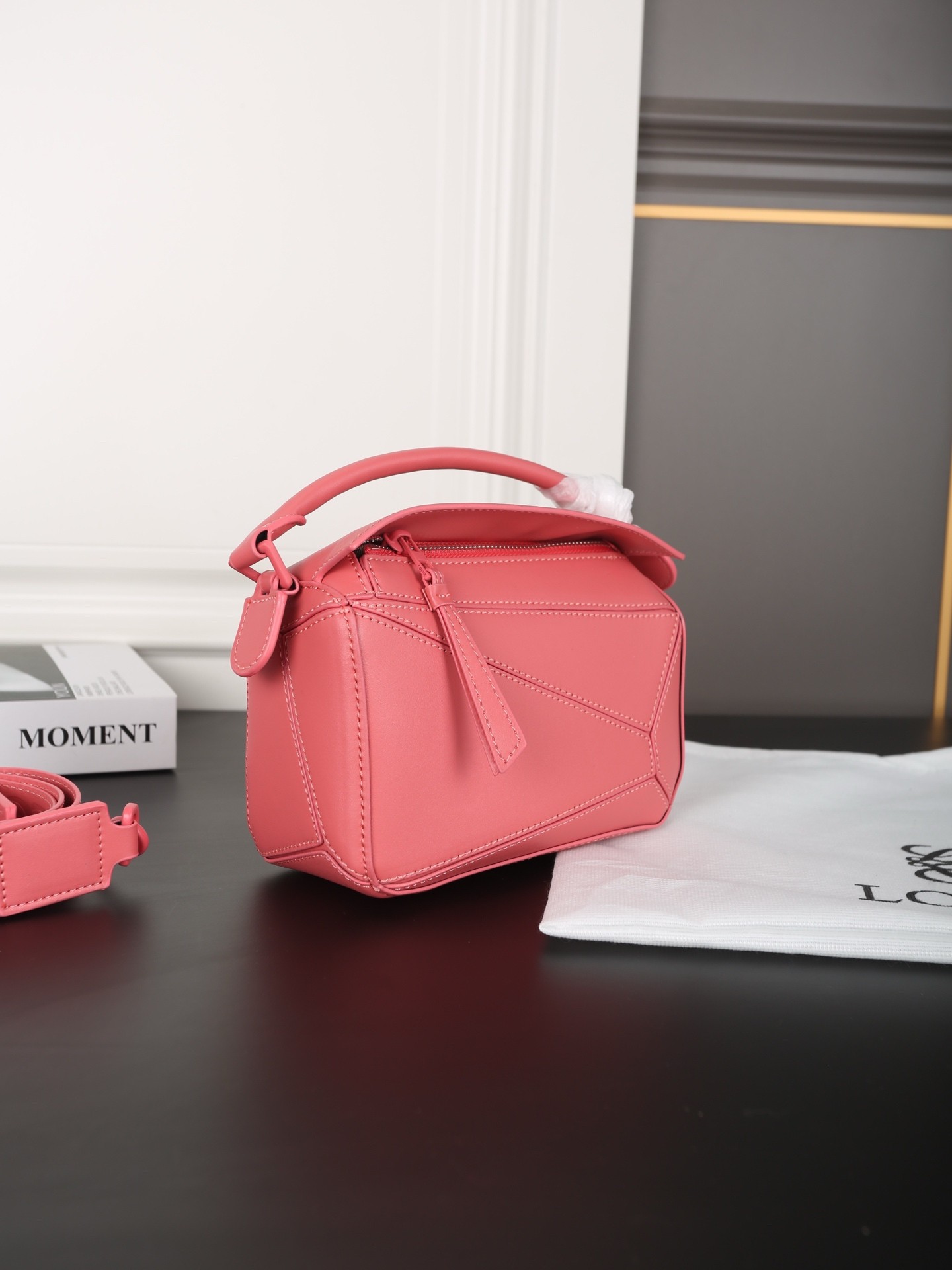 Loewe Small& Mini Coral Pink Puzzle Geometric Satin Leather Embossed Logo Multiway Handle Shoulder Bag - KAIROO
