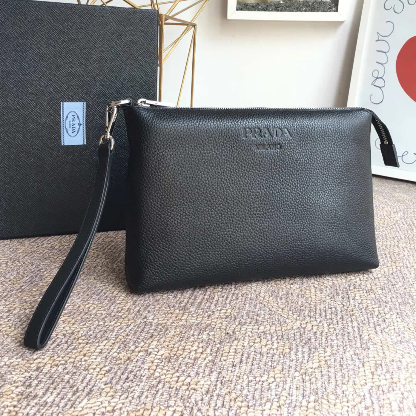 Prada CLUTCH 29 IN BLACK GRAINED CALFSKIN SILVER HARDWARE