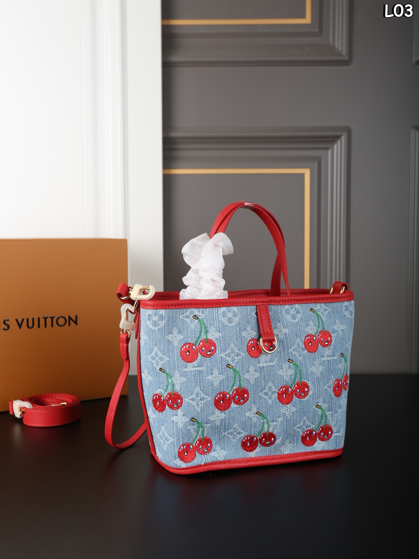 Louis Vuitton x Takashi Neverfull Inside Out BB Blue Denim Cherry Reversible Tote Bag With Pouch - KAIROO