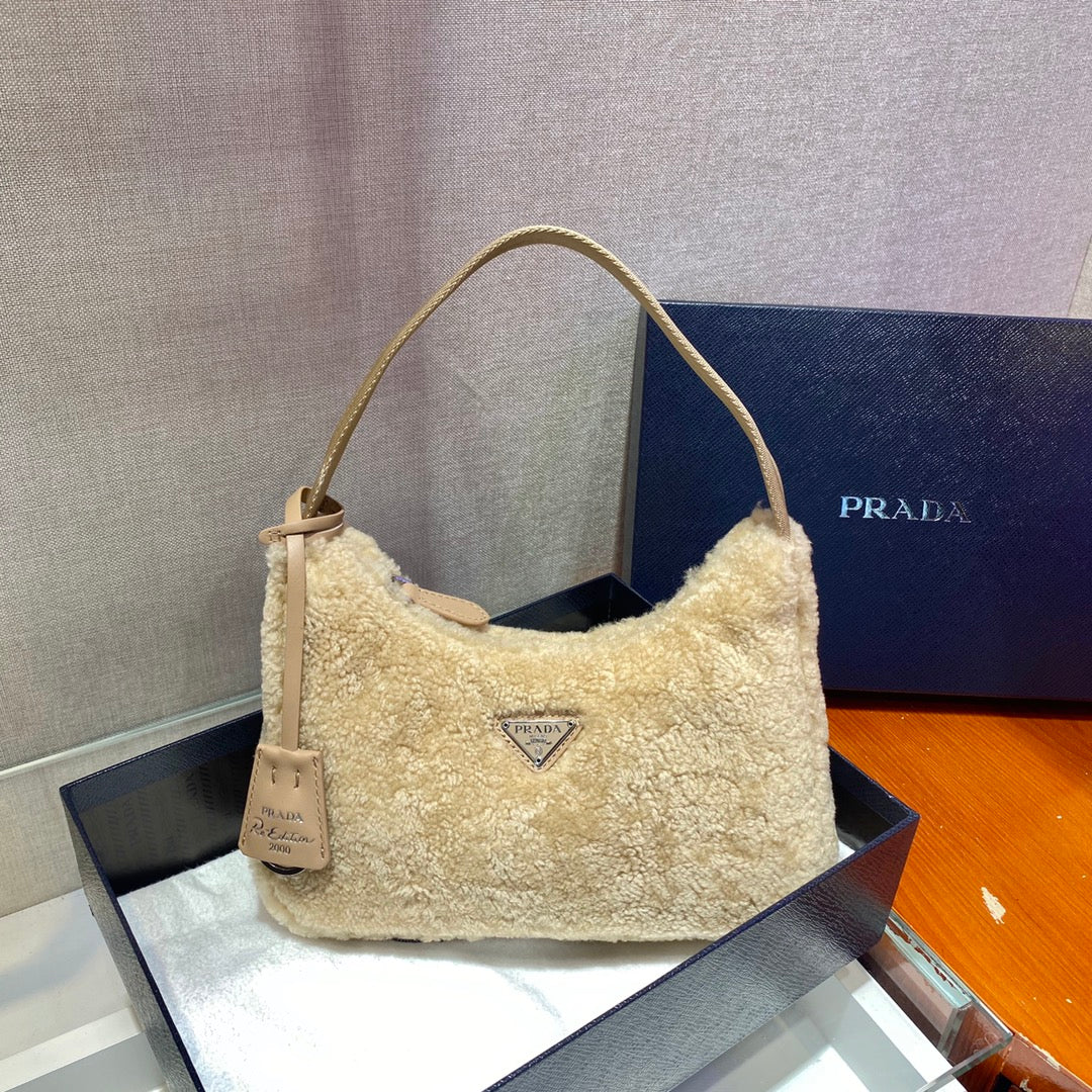 Prada HOBO BAG 23 IN BEIGE SHEARLING