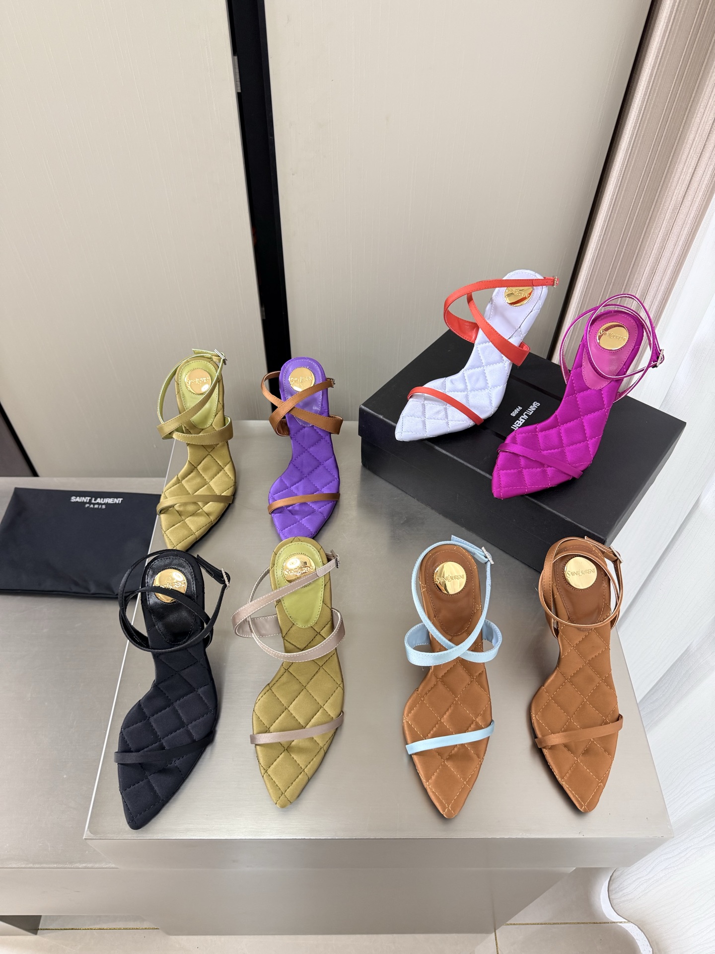 Saint Laurent Pointed Toe Strappy Diamond Quilted Insole Strass Embellished Stiletto Heel Slingback Sandals - KAIROO