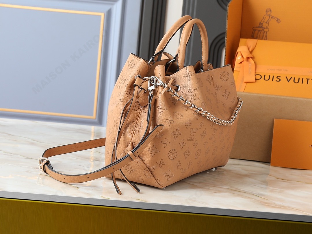 Louis Vuitton LV Mahina Bella Tote Camel Perforated Monogram Leather Drawstring Bucket Top Handle Bag - KAIROO