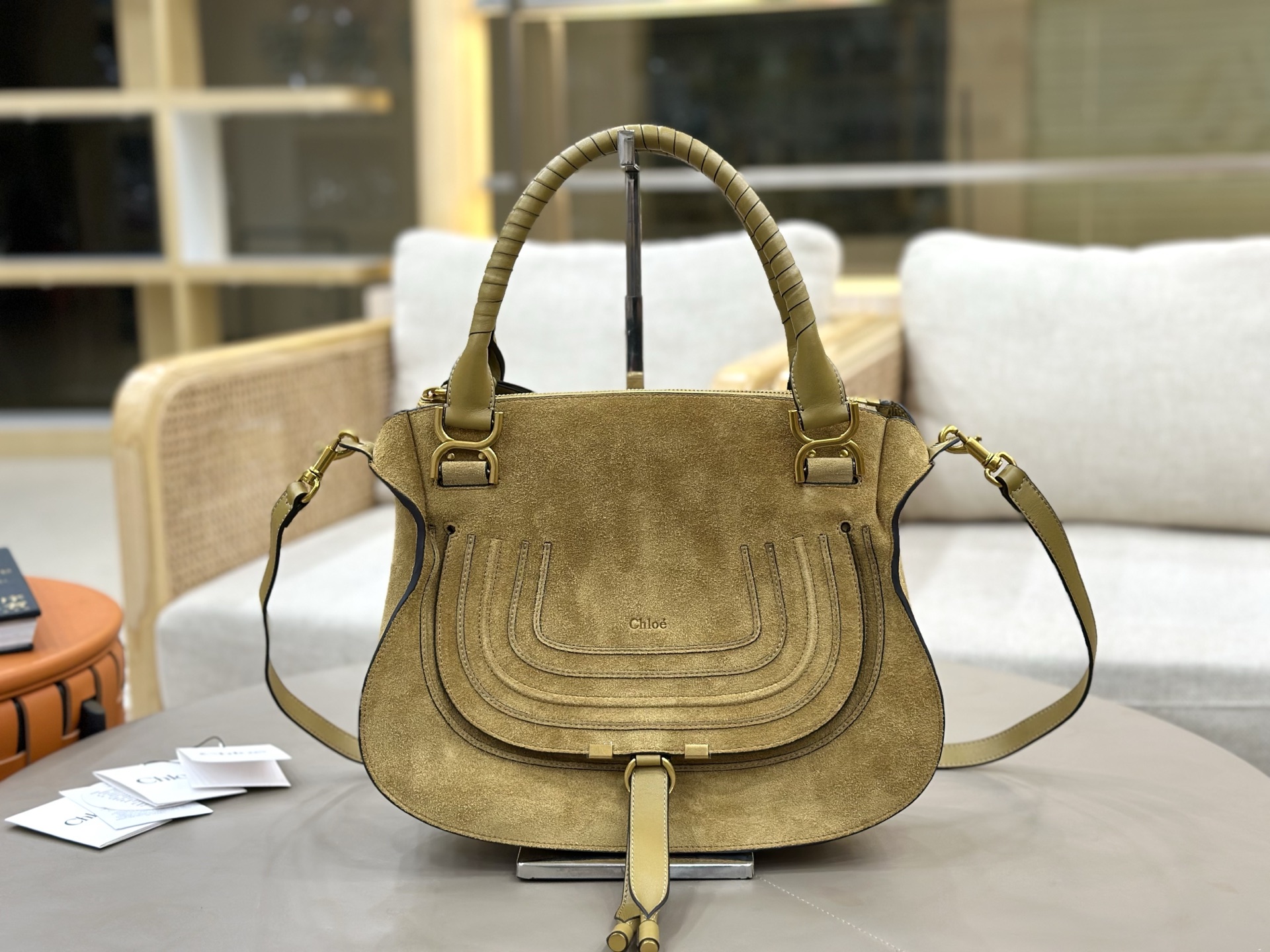 Chloe Small Marcie Bag in Suede Leather-Deep beige
