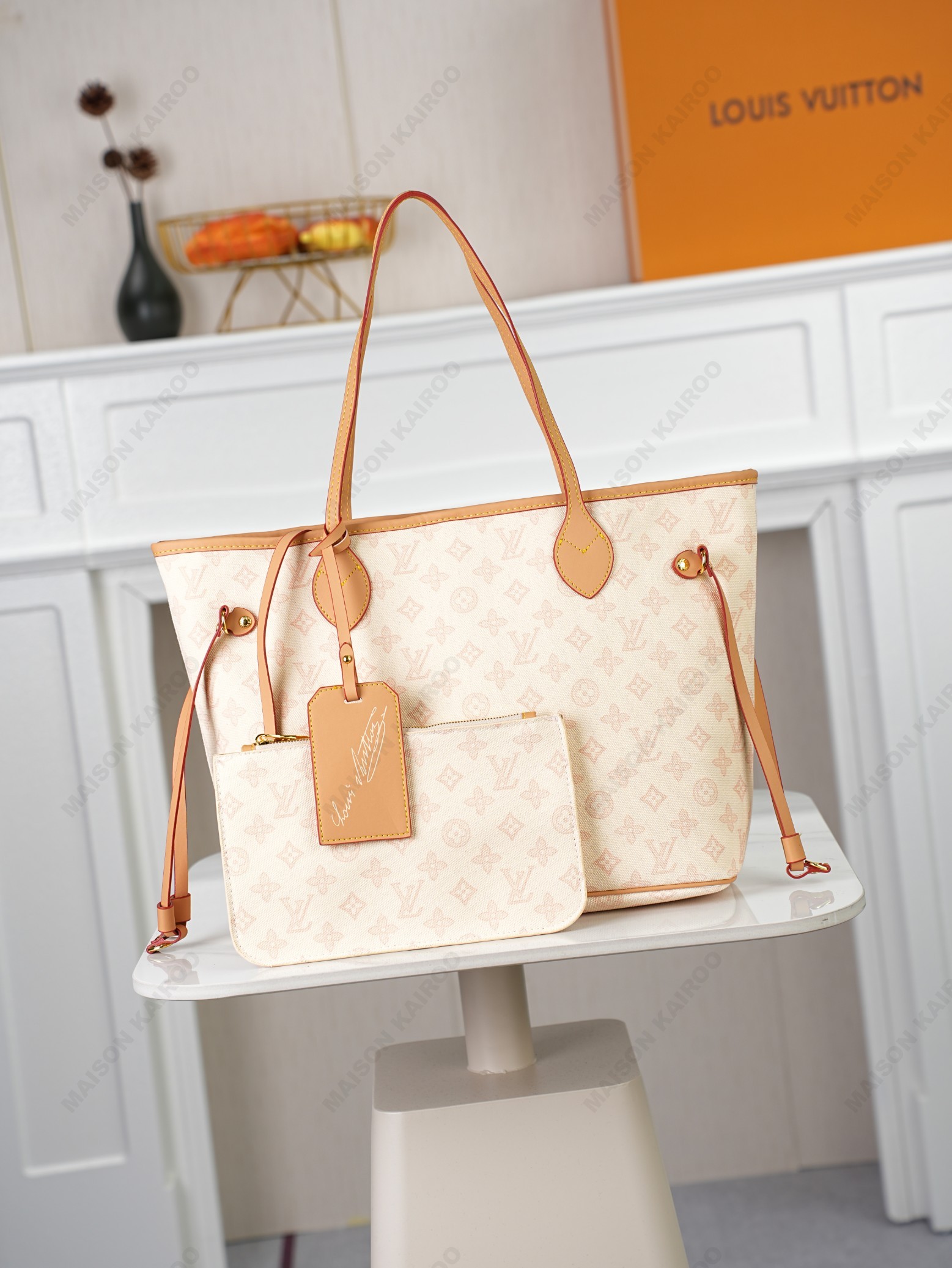 Louis Vuitton LV Neverfull MM Bicolor Mini Motif Monogram Origine Lin Tote Shoulder Bag With Pouch - KAIROO