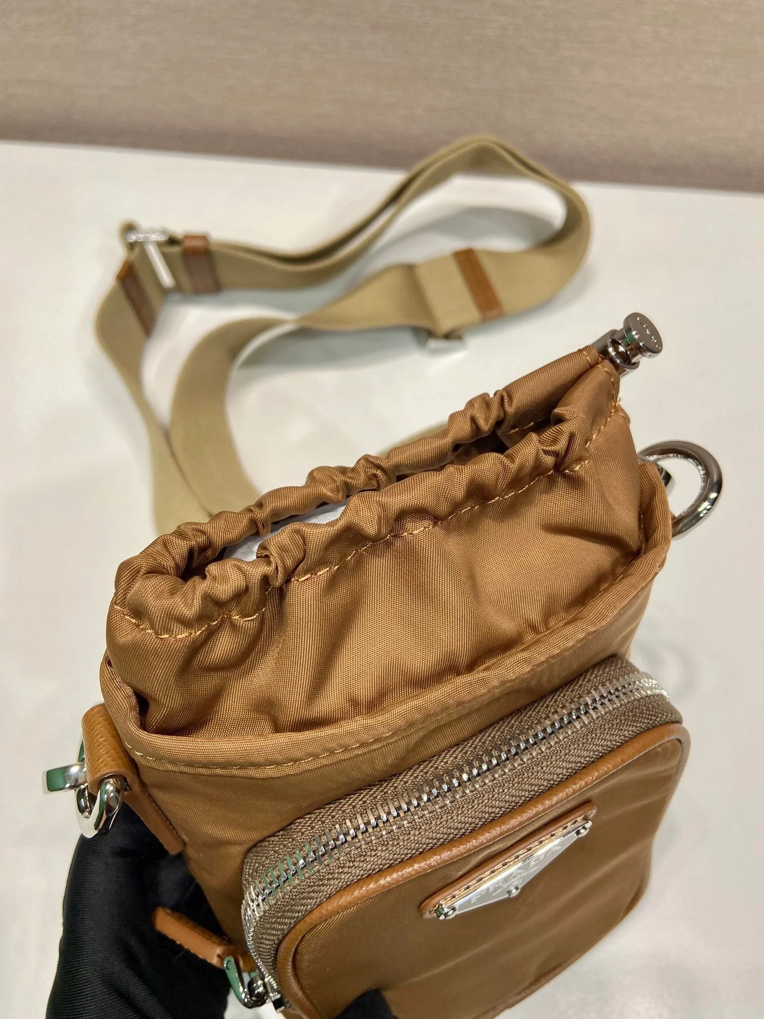 Prada PHONE BAG 18 IN SEPIA BROWN RE-NYLON