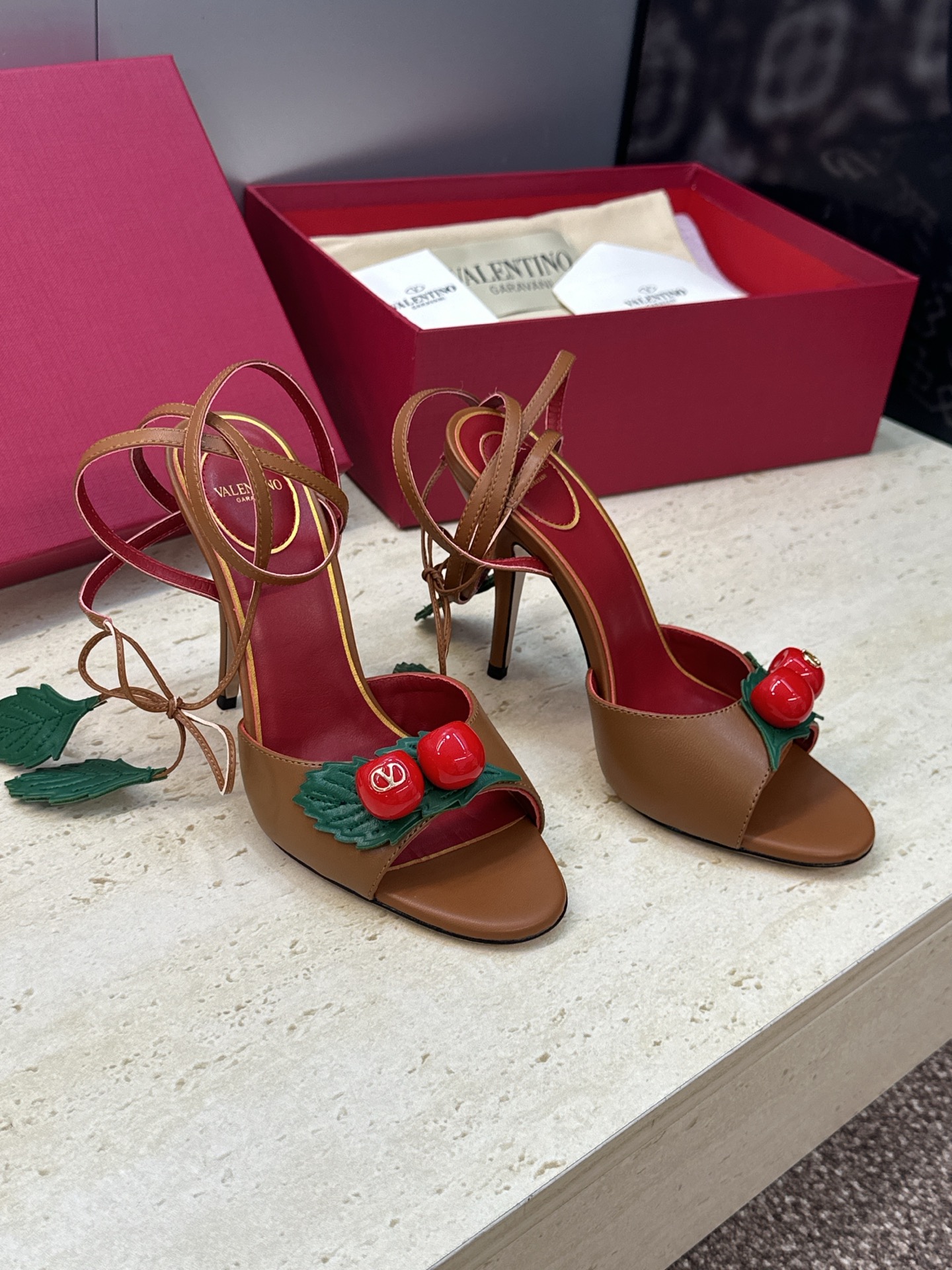 Valentino Garavani Brown 3D Cherry Leather Leaf Charm Metallic Leather Stiletto Toe Heel Sandals - KAIROO