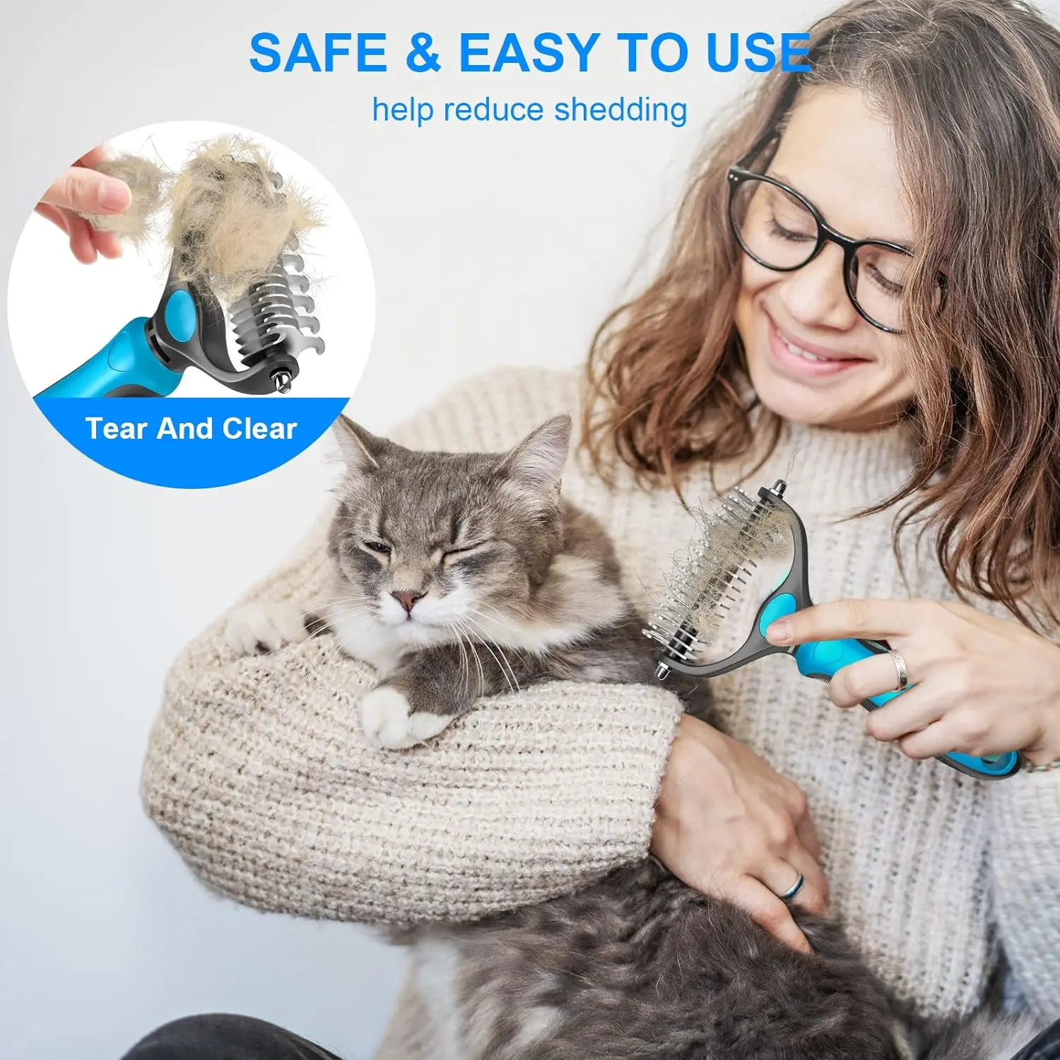 Professional Pet Grooming Brush-Double Sided Hurtless Shedding and Dematting Undercoat Rake Comb for Dogs and Cats, No More Nasty Shedding or Flying Hair