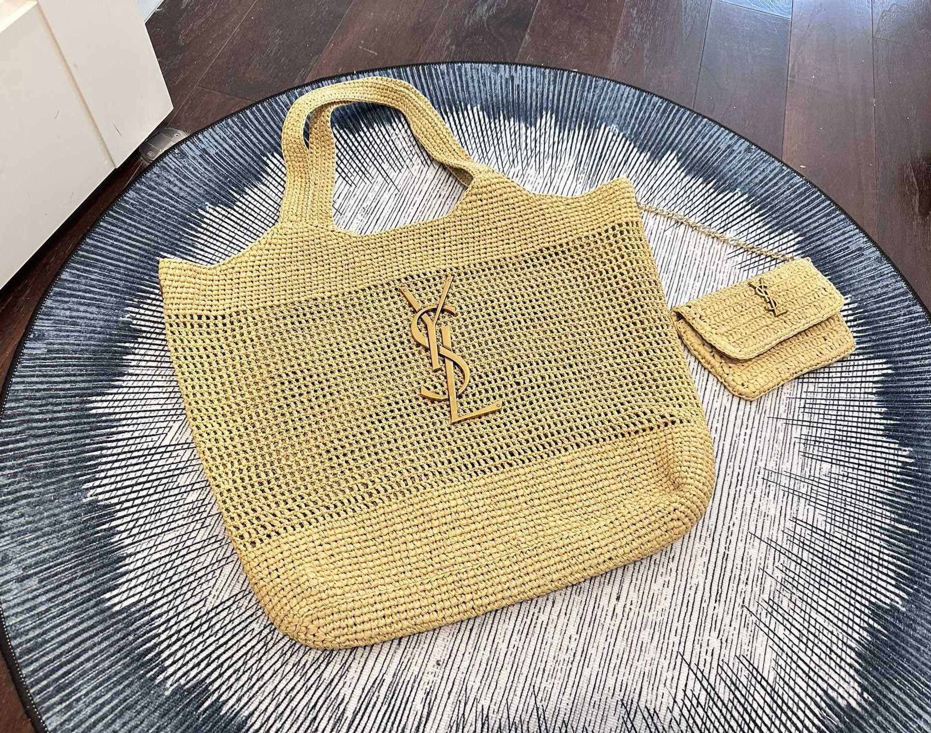 Saint Laurent S/M YSL Gold Logo Open-Crochet Weave Raffia Icare Gaya Tote Bag With Mini Pouch - KAIROO