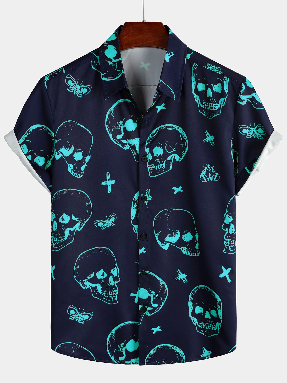 Men's Blue Skull Artistic Graphic Aloha Hawaiian Button-Up Short Sleeve Shirt