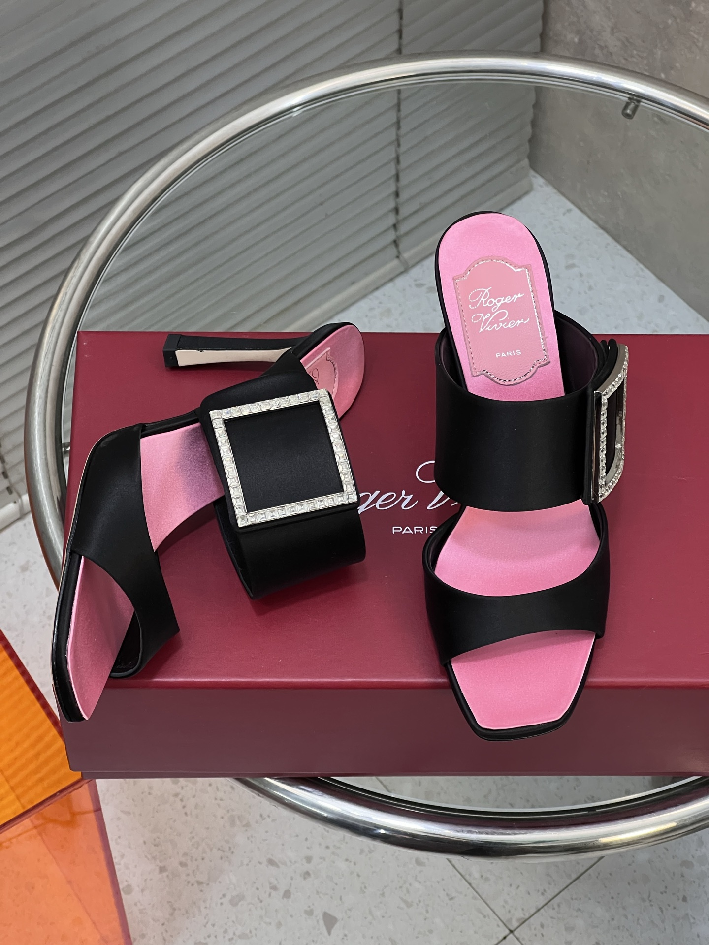 Roger Vivier Classic square buckle peep-toe silk high-heeled sandals