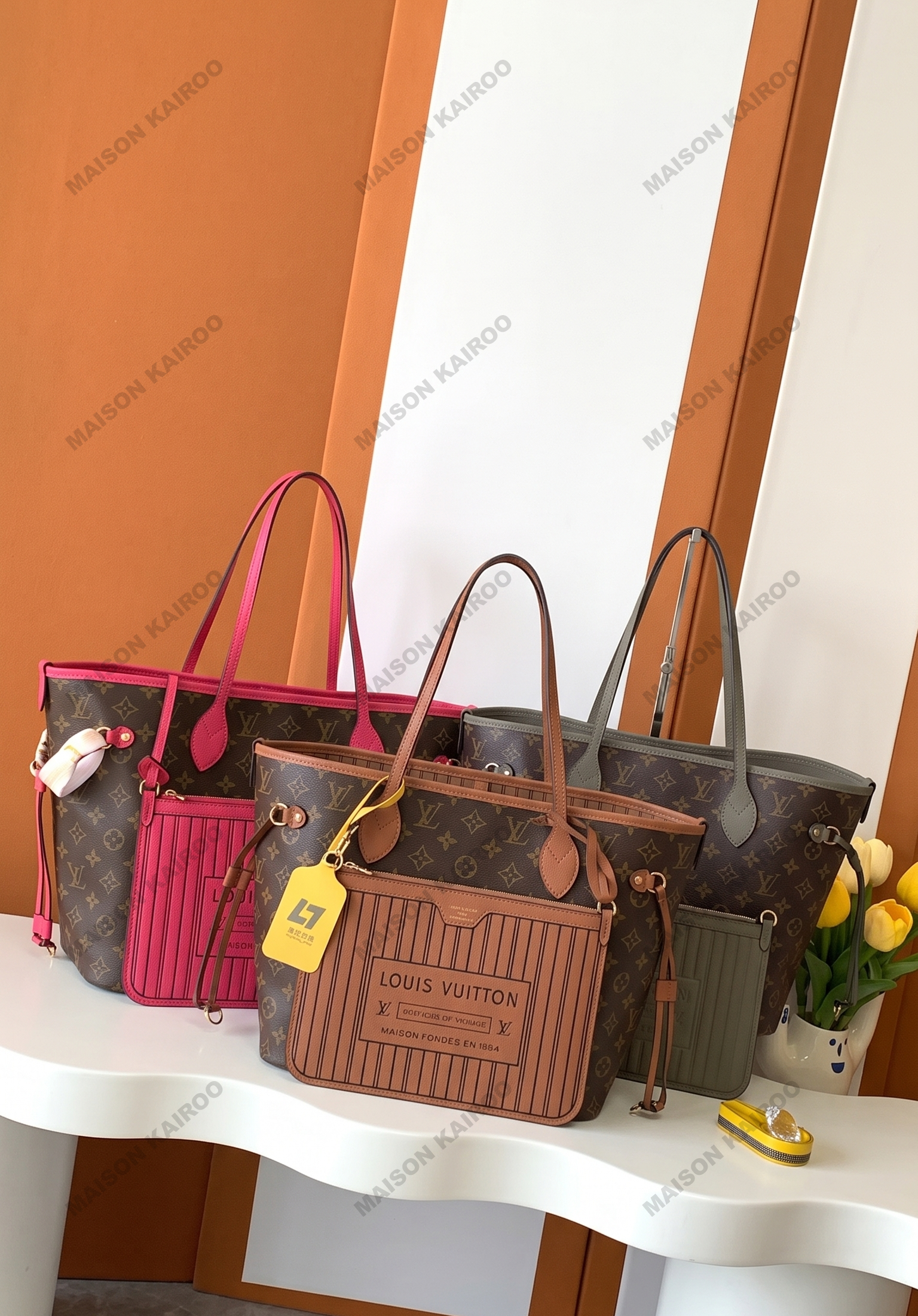 【15A】Louis Vuitton LV Neverfull Inside Out MM Monogram Leather Trims Reversible Tote Bag With Pouch - KAIROO