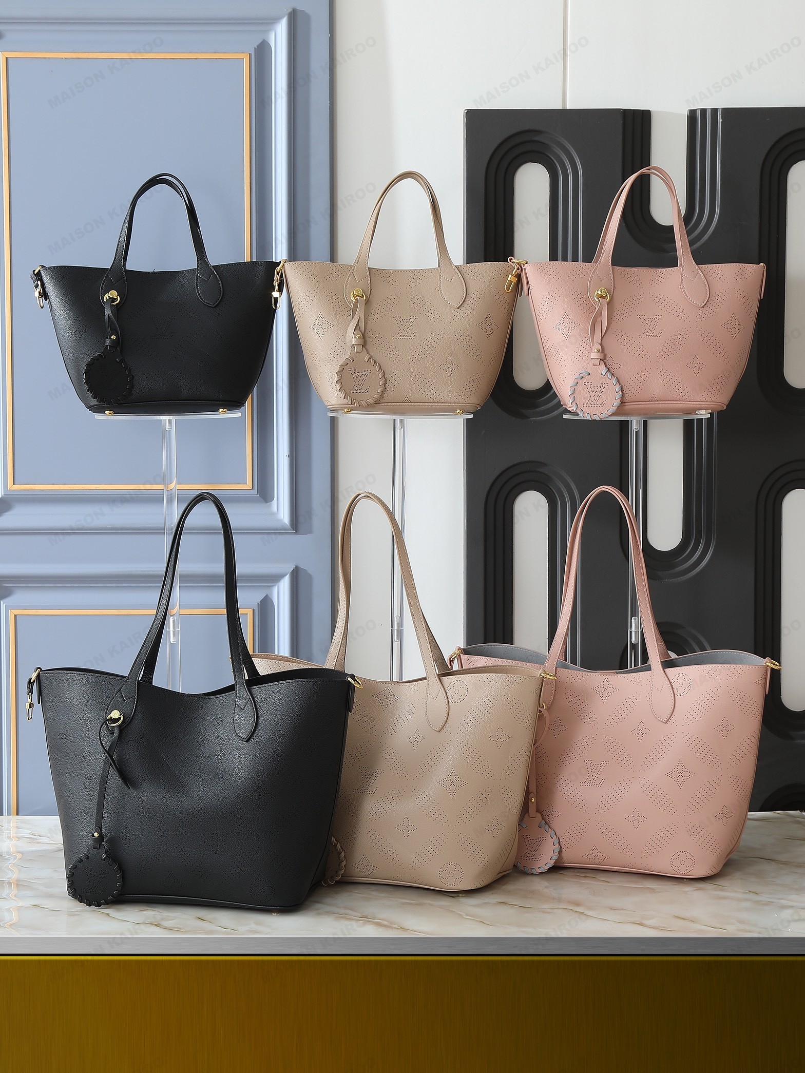Louis Vuitton LV Mahina Blossom PM/MM Perforated Monogram Leather Basket Top Handle Tote Bag With Pouch - KAIROO