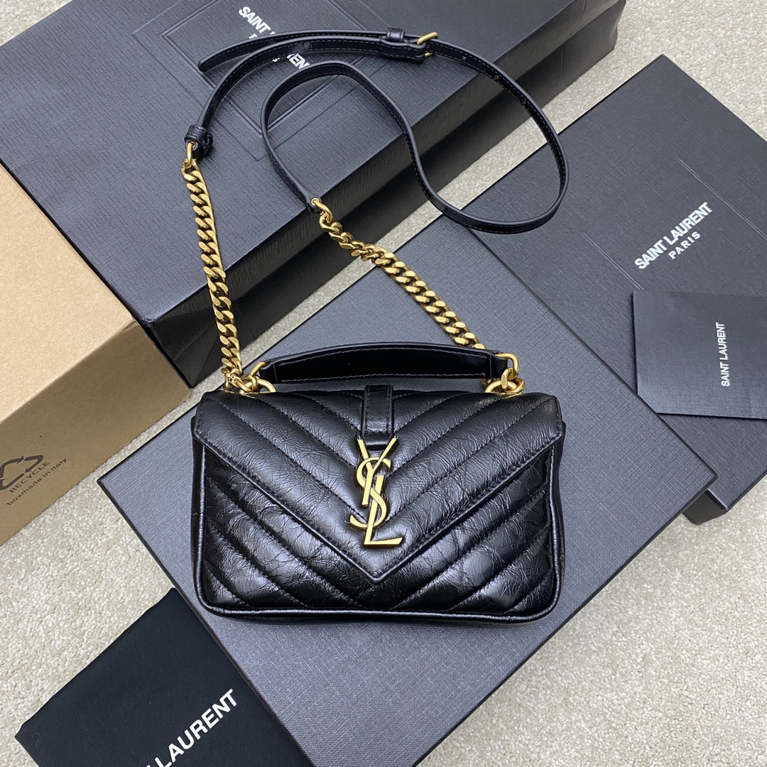Saint Laurent Black College Mini Bag in Quilted Shiny Calfskin