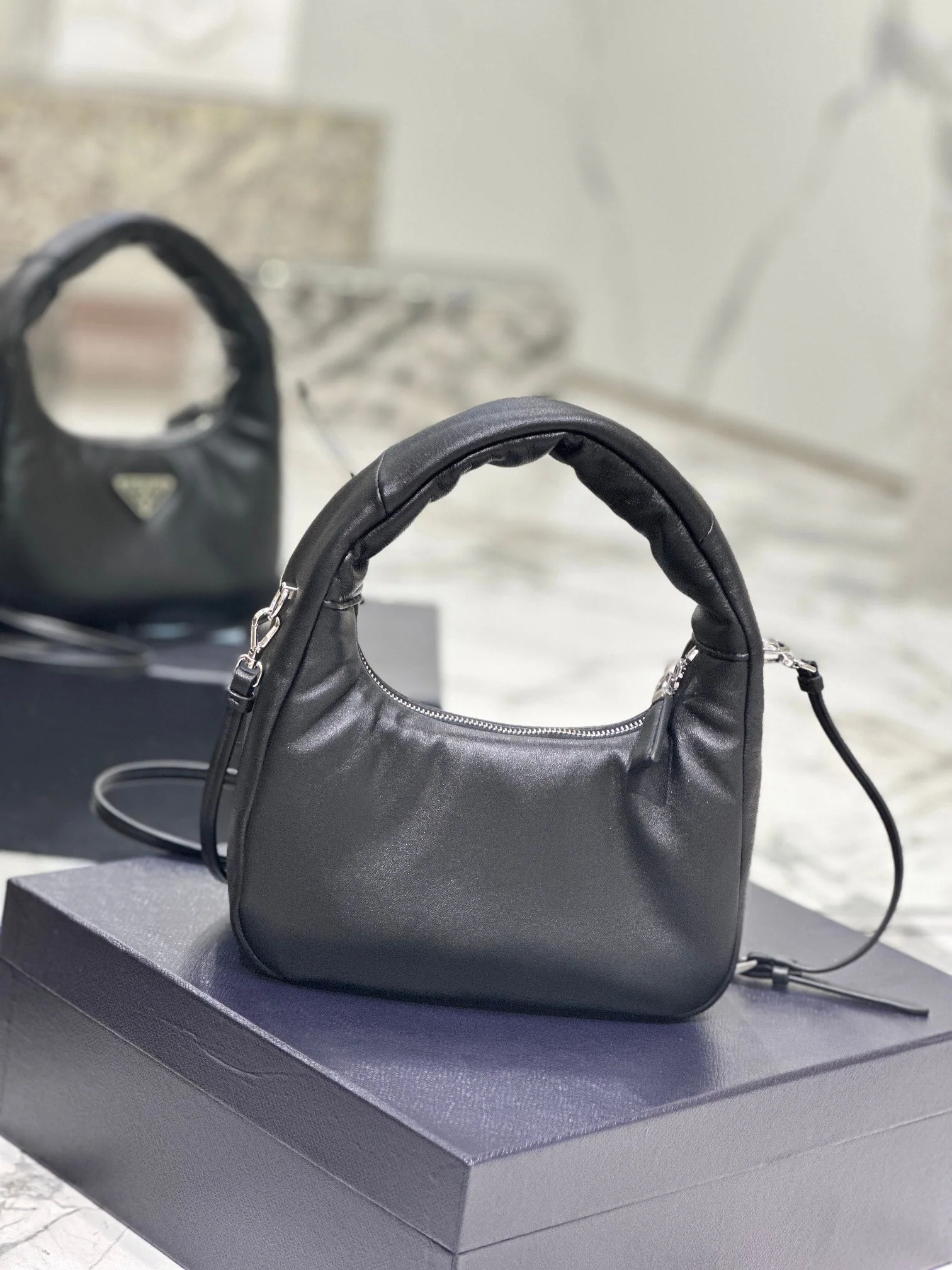Prada HOBO BAG 21 IN BLACK SOFT LAMBSKIN