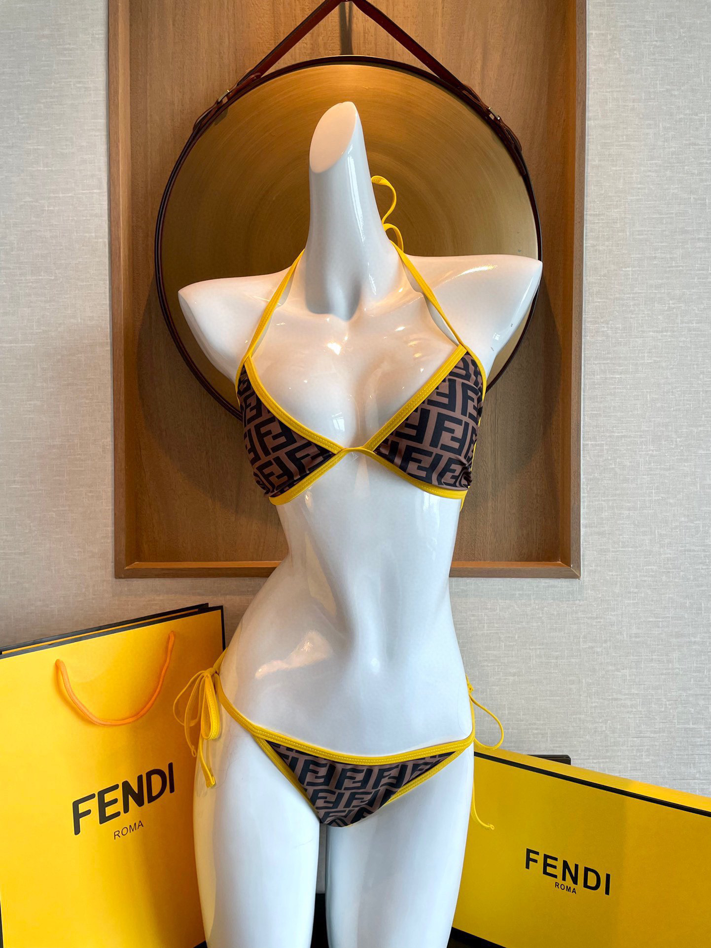 Fendi FF Monogram Print Yellow Contrast Trim Triangle Bikini Two-Piece Swimsuit - KAIROO